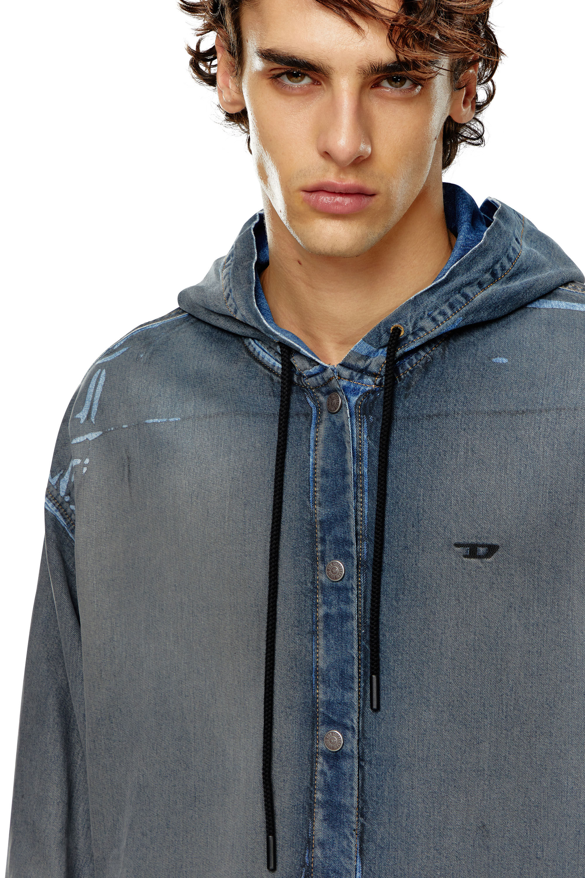 Men's Hybrid shirt in worn-effect coated denim | Blue | Diesel AT