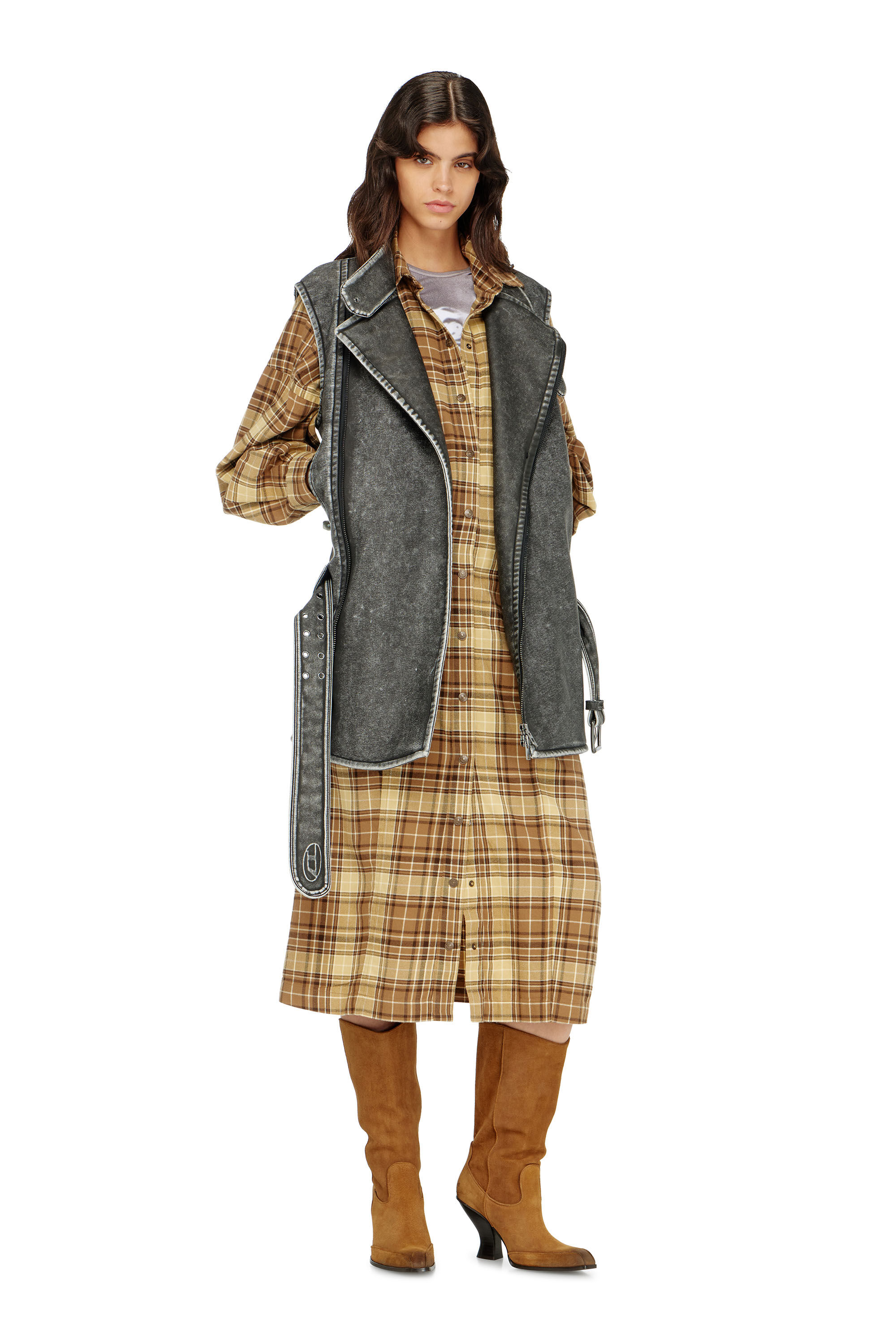 Diesel - D-EDALUS, Damen Midikleid aus kariertem Flanell mit breitem G&uuml;rtel in null - 1