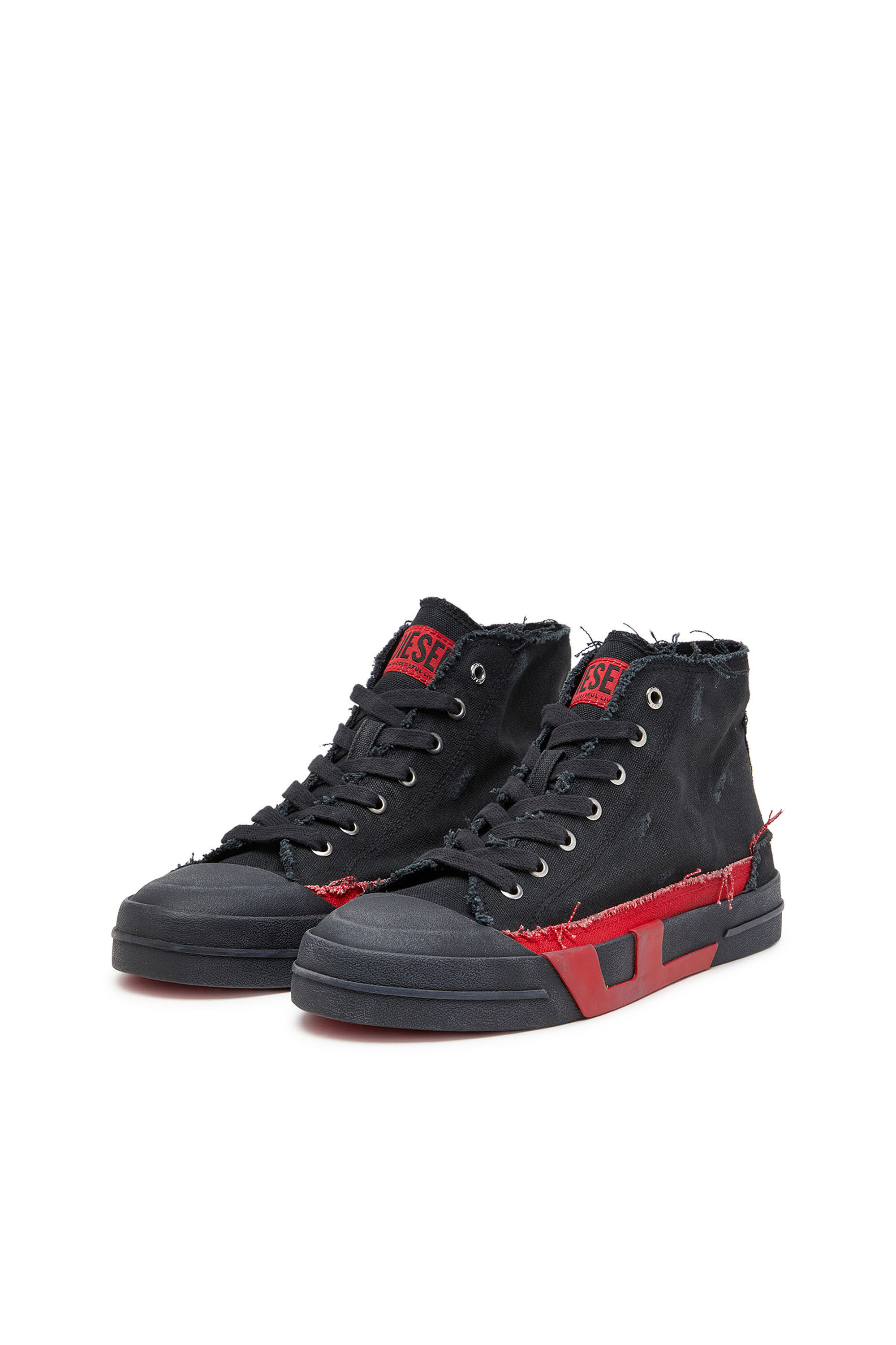 Diesel - S-D-VERSE MID II, Herren High-Top-Sneakers aus Canvas in vielgetragener Optik in Schwarz/Rot - 9