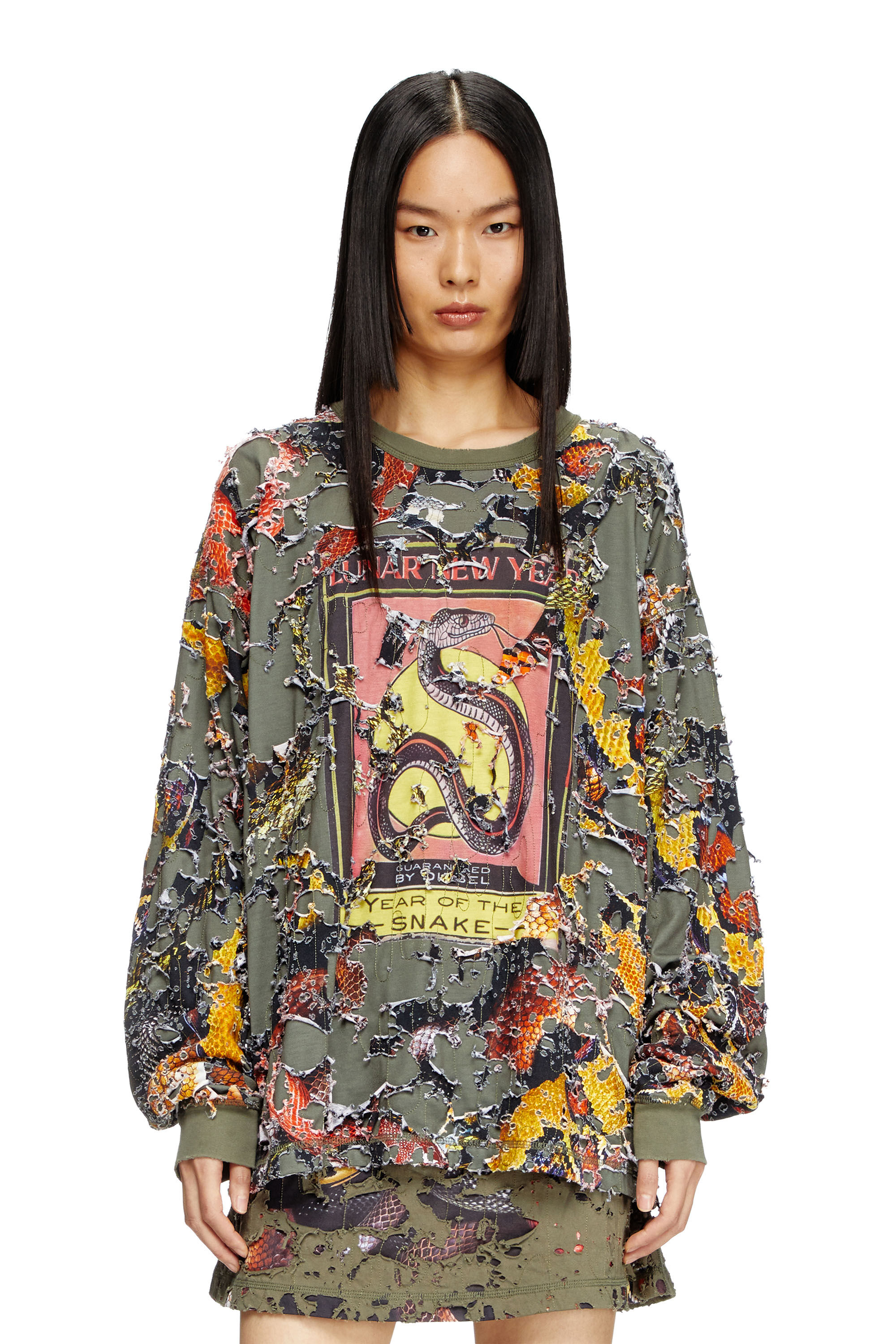 Diesel - CL-T-BOXT-LS-DEVOR-SNAKE, Unisex Langarm-Destroyed-T-Shirt mit Schlangen-Print in Olivgrün - 5