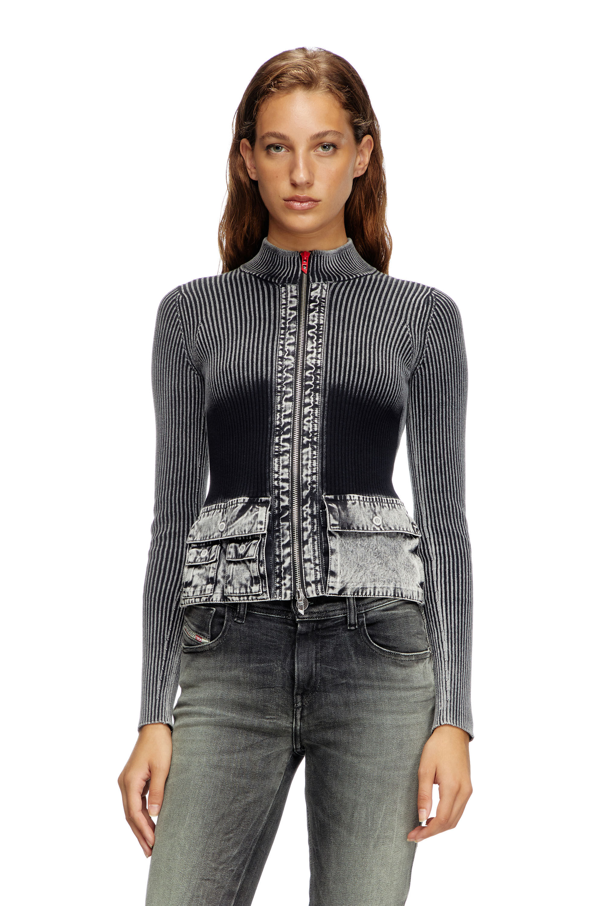 Diesel - M-MELISSA, Damen Cardigan mit Reißverschluss und Cargotaschen aus Denim in Dunkelgrau - 3