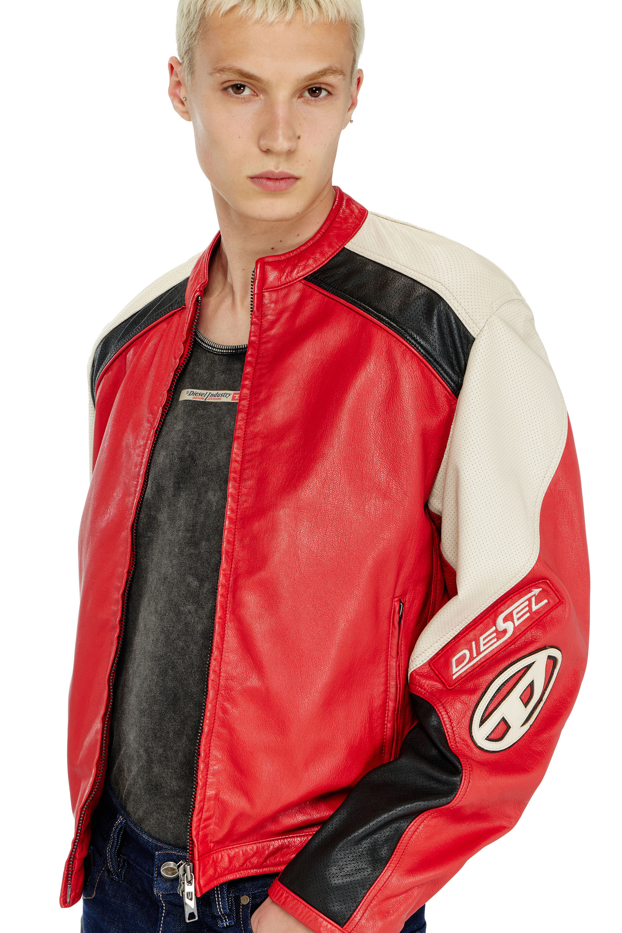 Diesel - L-AHTI, Man's Biker jacket in colour-block perforated leather in Beige/Red - 5