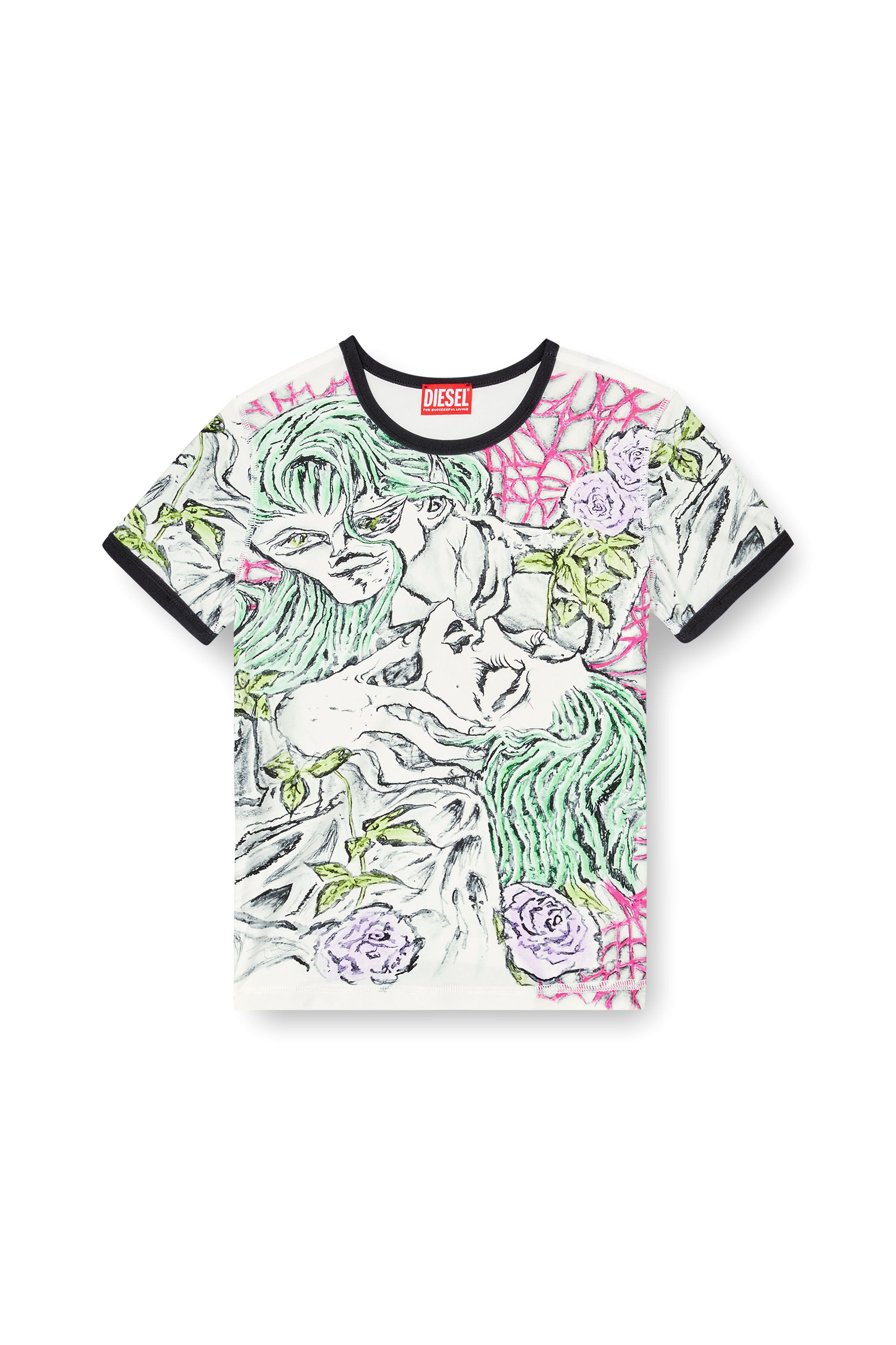 Diesel - T-UNCUTIE-LONG-Q2, Damen T-Shirt mit Tattoo-Print in Weiß - 2