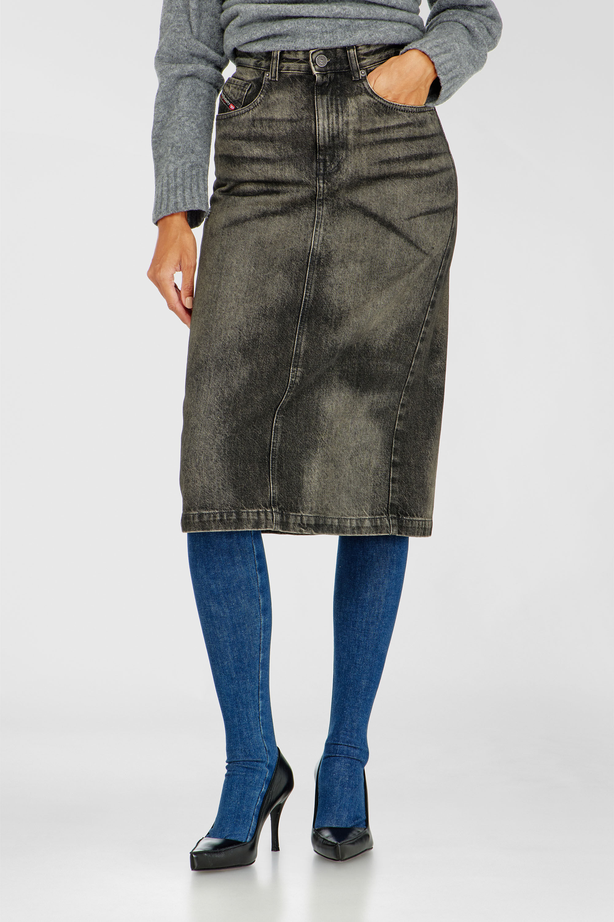 Diesel - DE-PENDY-FSJ, Damen Bleistiftrock aus Denim mit Dirty-Effekt in Schwarz/Dunkelgrau - 3