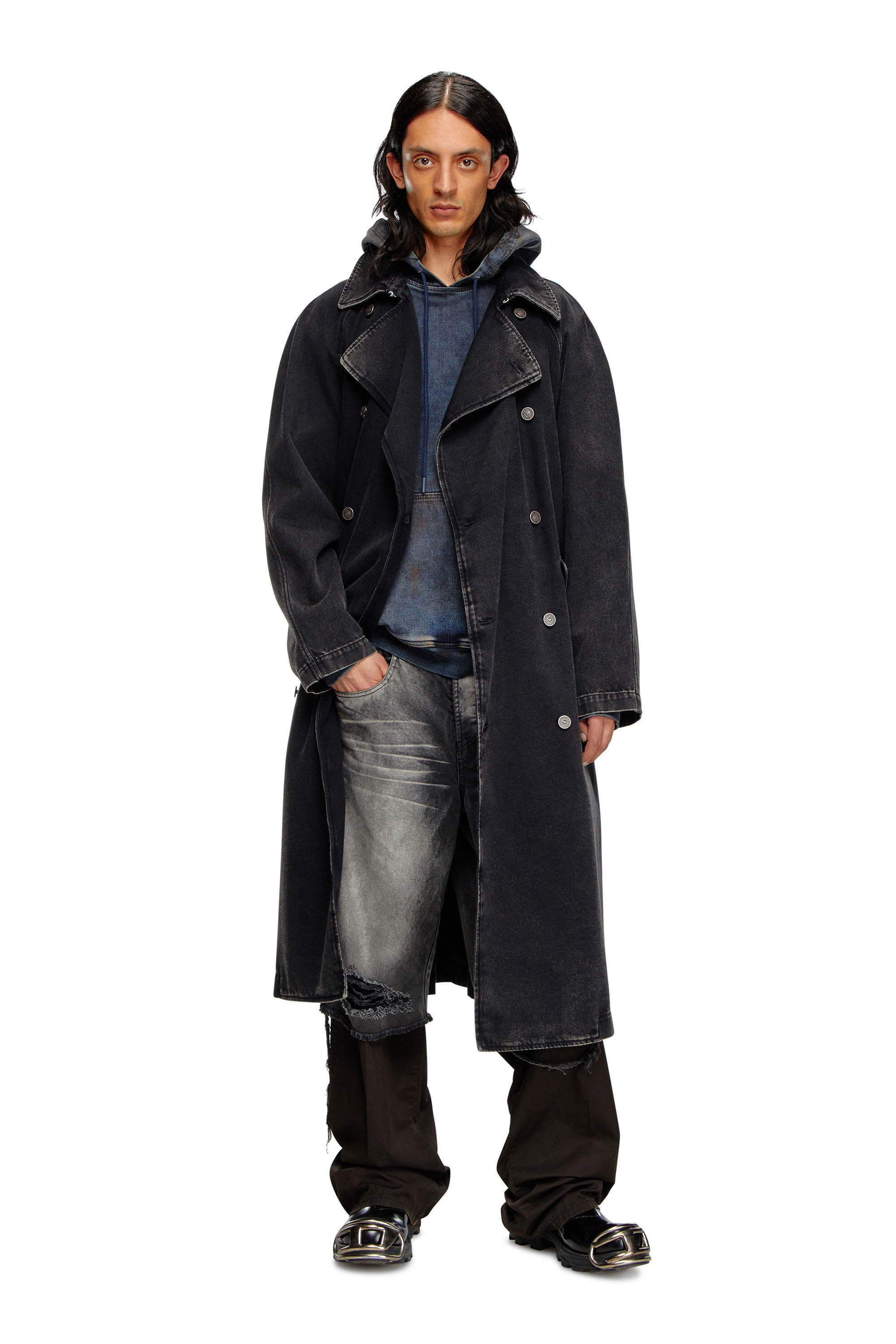 Herren Trenchcoat aus sauber gewaschenem Denim Schwarz Diesel