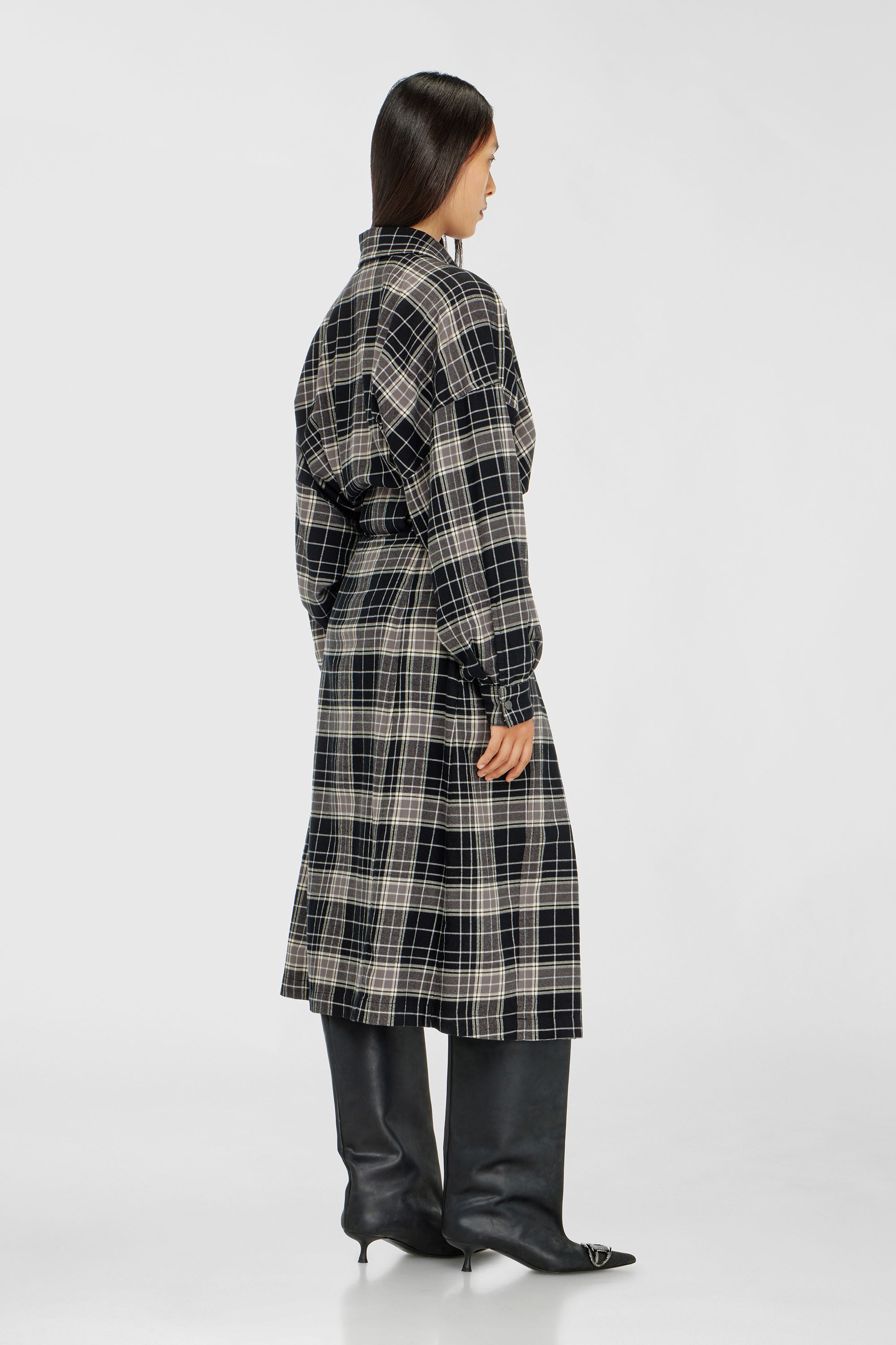 Diesel - D-EDALUS, Damen Midikleid aus kariertem Flanell mit breitem G&uuml;rtel in Grau/Schwarz - 4