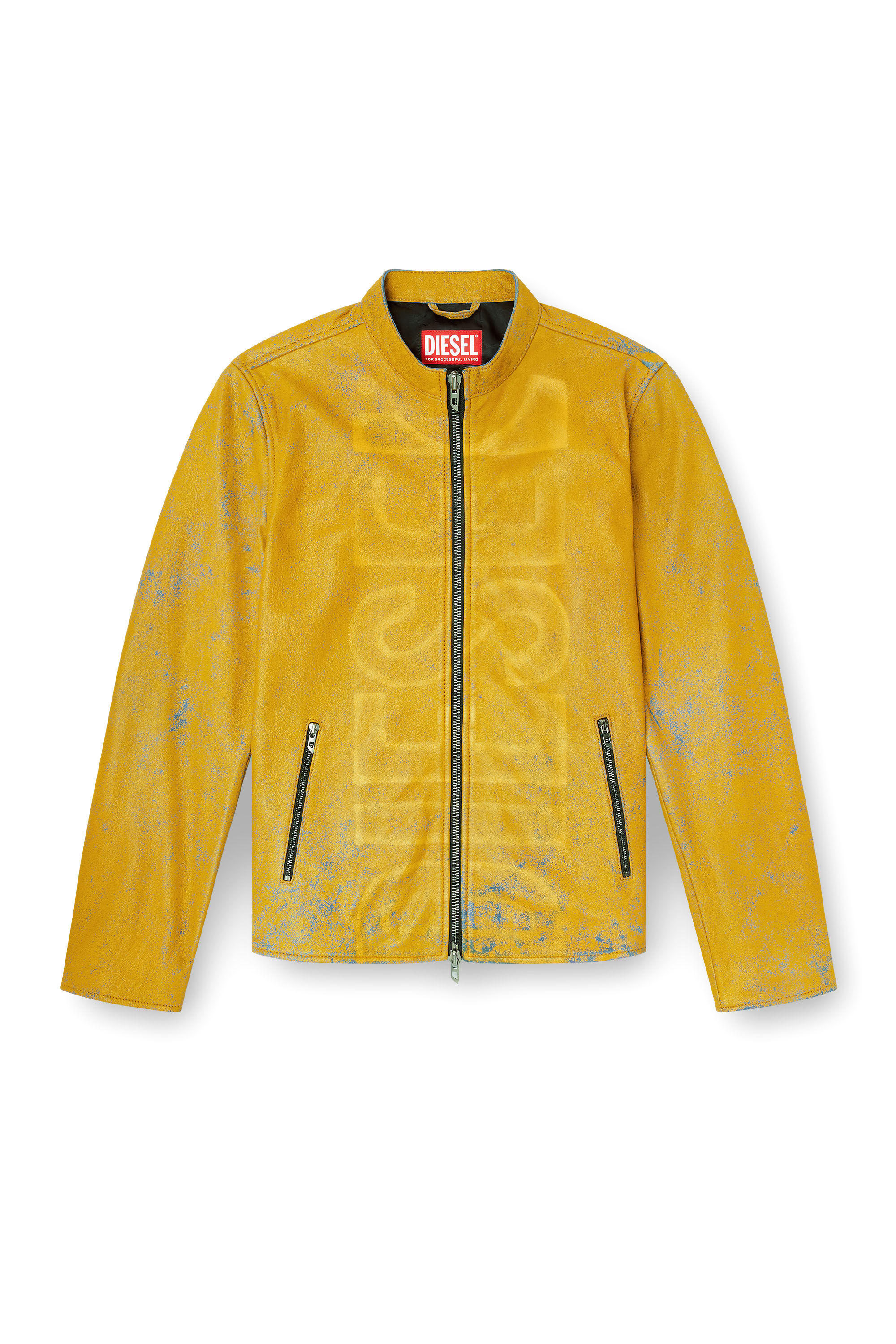 Diesel - L-EVERT-A, Herren Behandelte Bikerjacke aus Leder mit verblasstem Logo in Gelb - 2
