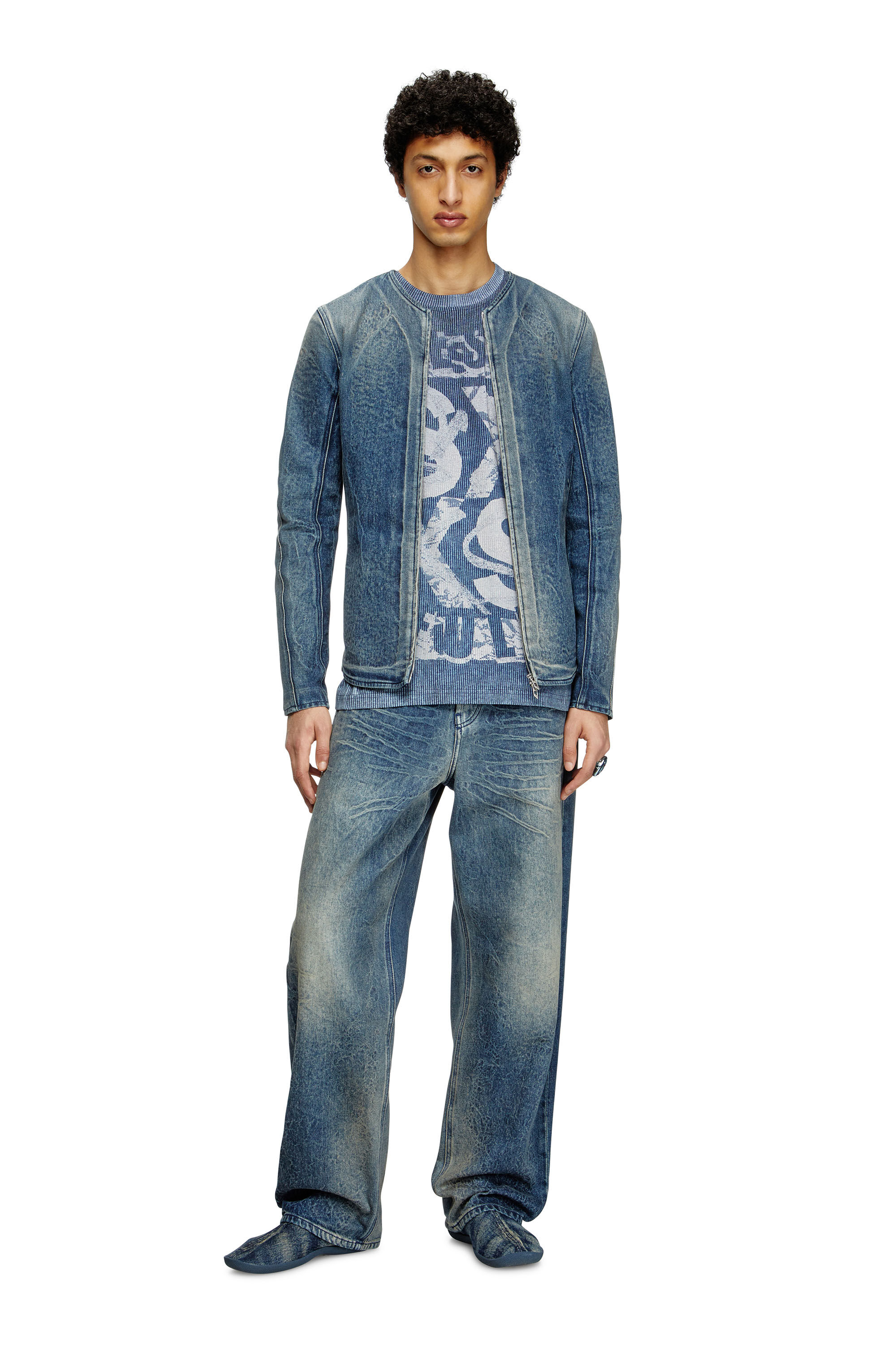 Diesel - T-NORM-R3, Herren T-Shirt mit Rippenstrick-Print in Blau - 1