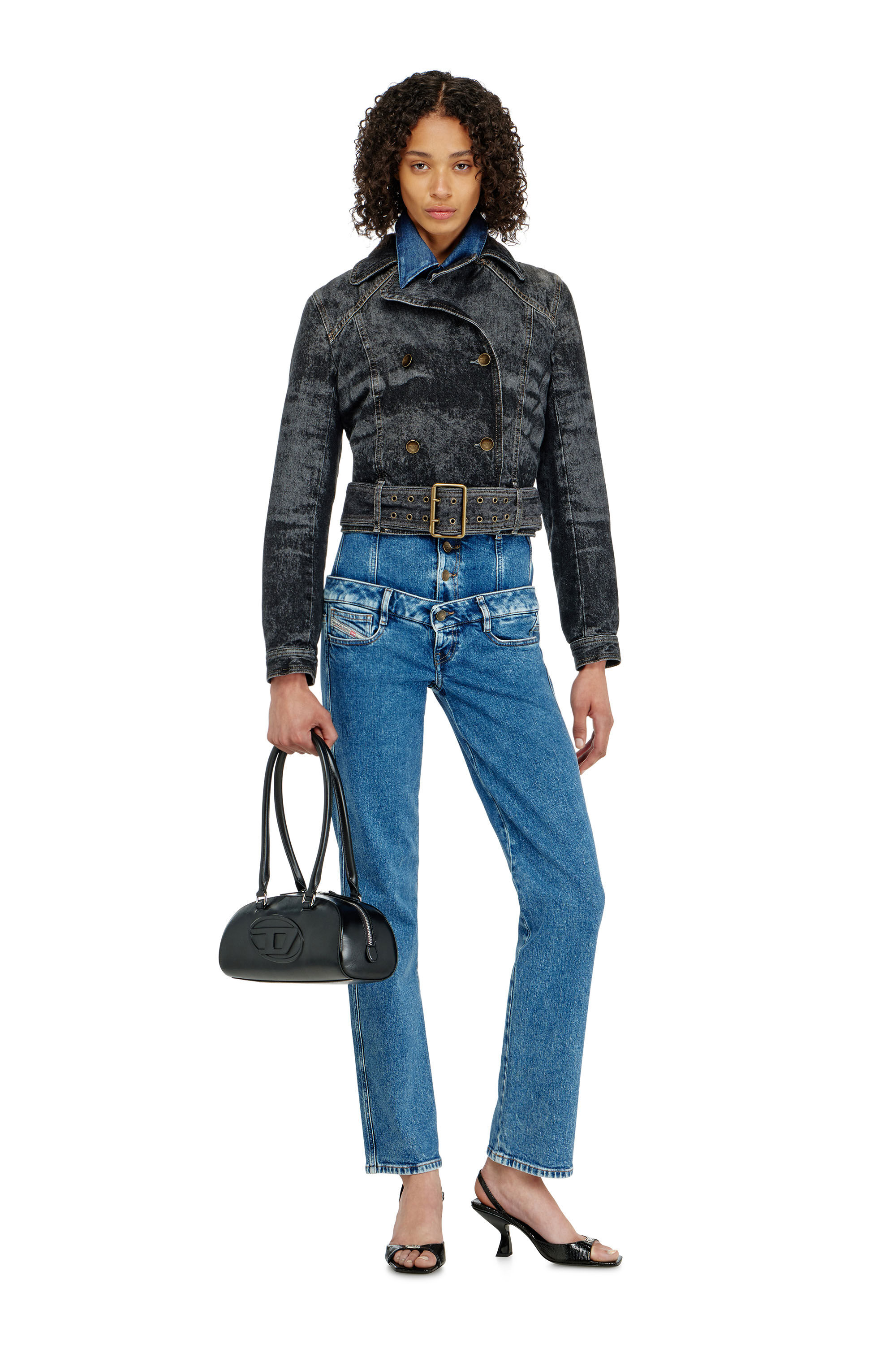 Diesel - DE-LEGEND-S, Damen Cropped Denimjacke mit G&uuml;rtel in Schwarz - 1