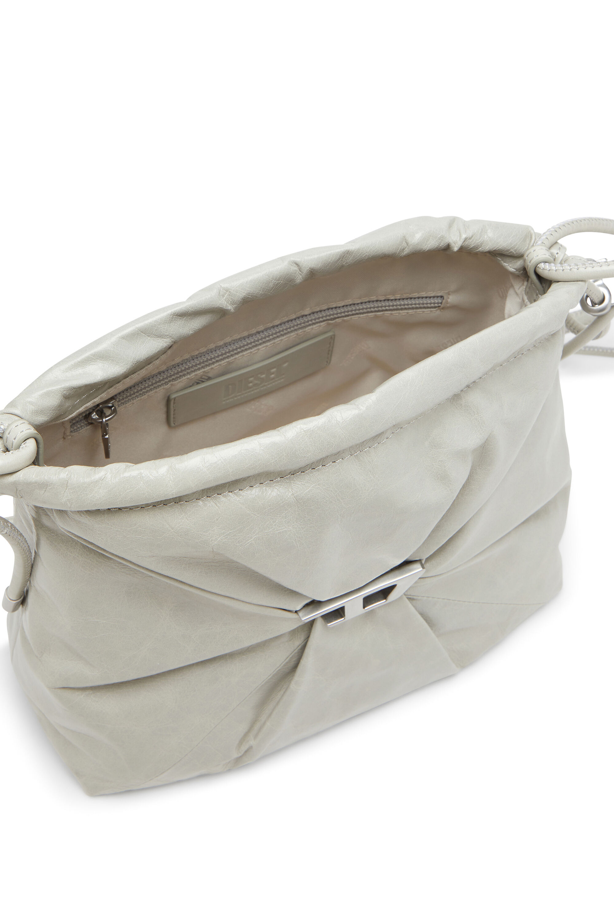 Diesel - SCRUNCH-D BUCKET, Damen Scrunch-D-Beuteltasche aus glänzendem zerknittertem Leder in Weiß - 3