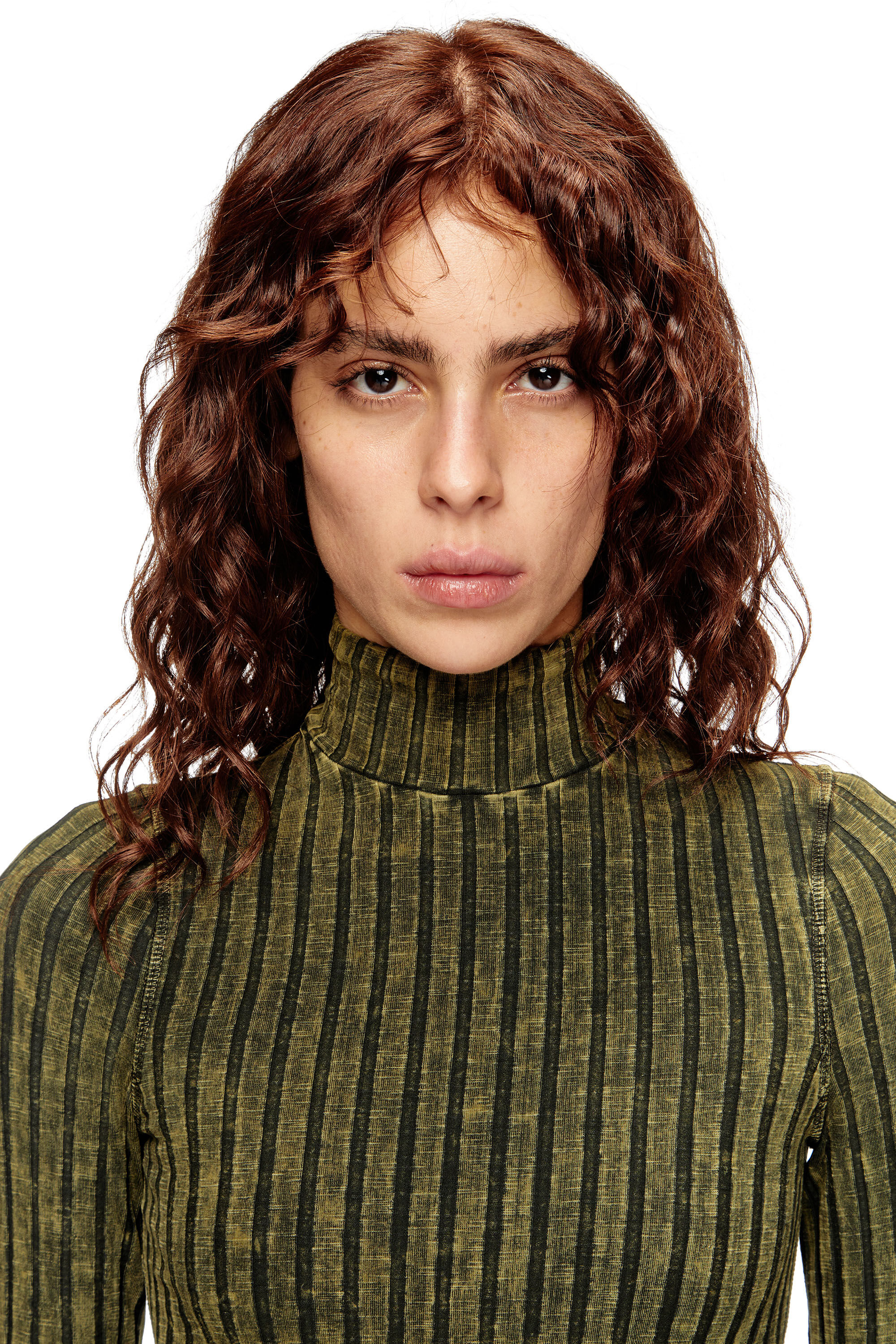 Diesel - D-WAVYA, Damen Midi-Kleid aus behandeltem Jersey mit breitem Rippenstrick in Grün - 5