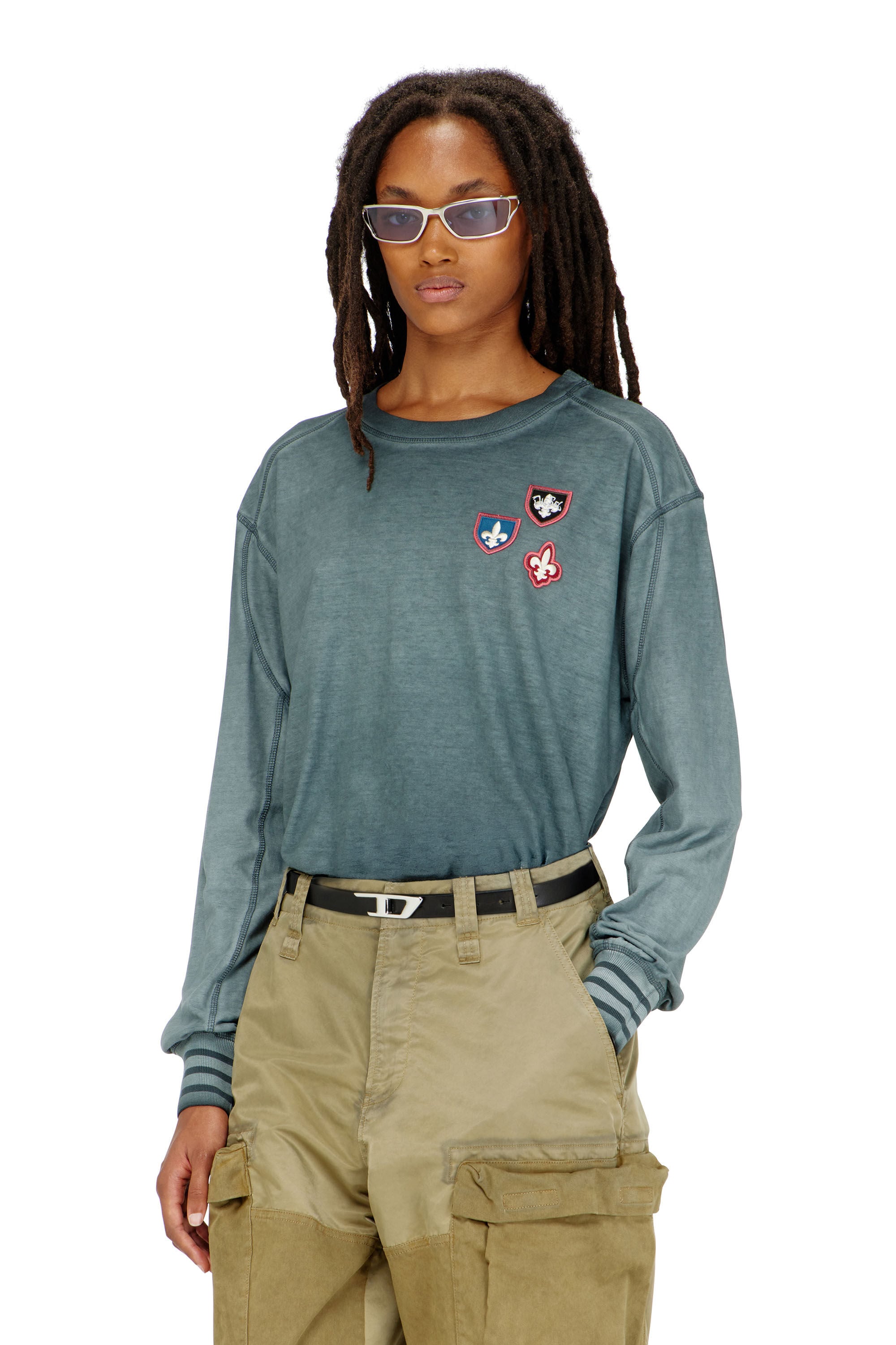 Diesel - T-BAWYE-LS, Damen T-Shirt mit Patches und Mikrowaffel-Eins&auml;tzen in null - 2