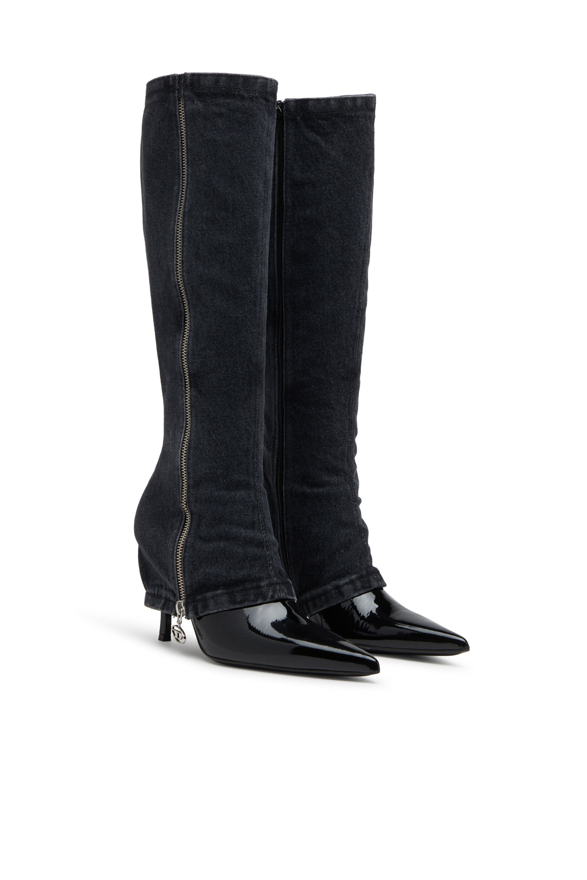 Diesel - D-VENUS TWISTED BOOT, Damen D-Venus-Stiletto-Kniestiefel mit Jeans-Trompe l'œil in Schwarz - 2