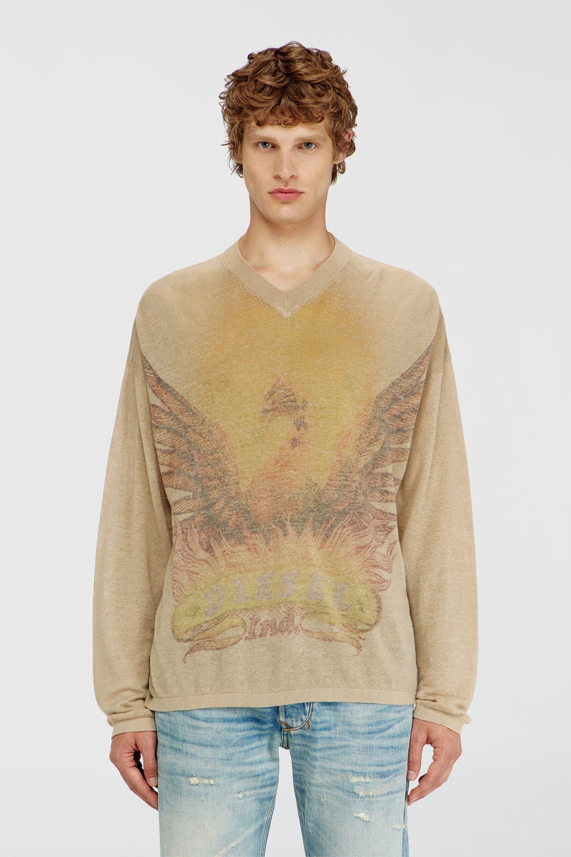 Diesel - K-ARMINS, Herren Leinenpullover mit verblasstem Phoenix-Print in Beige - 3