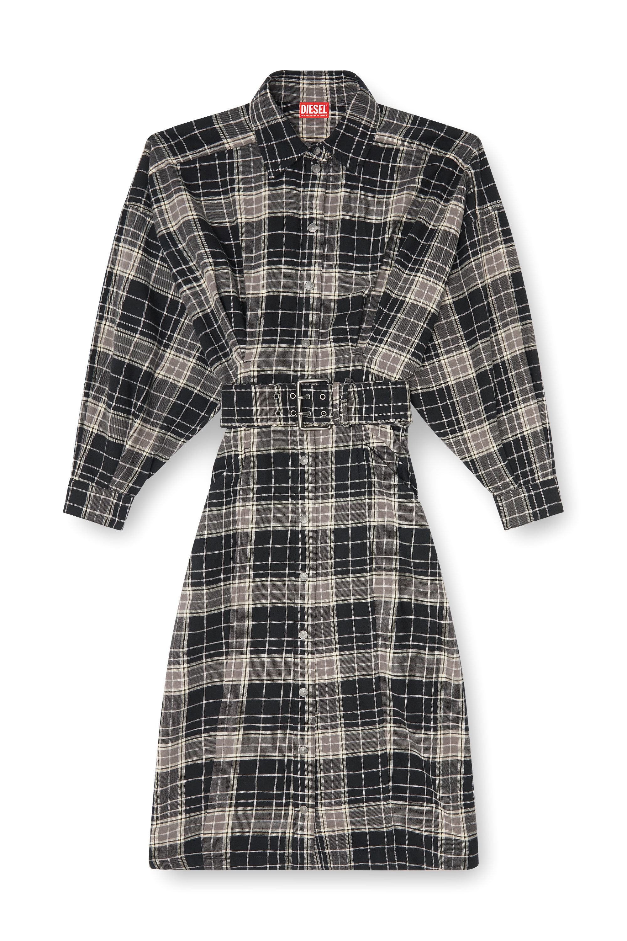 Diesel - D-EDALUS, Damen Midikleid aus kariertem Flanell mit breitem G&uuml;rtel in Grau/Schwarz - 2
