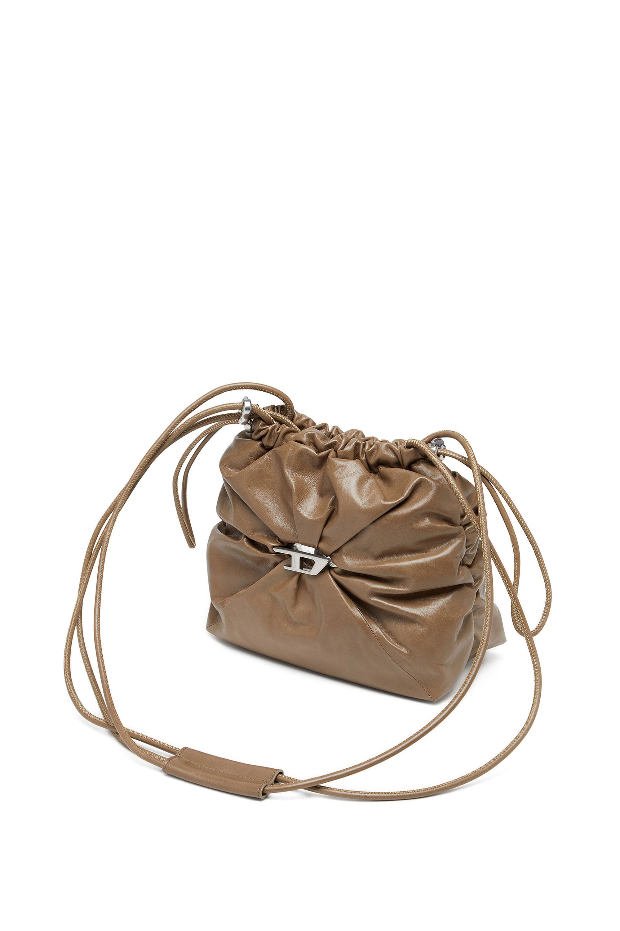 Diesel - SCRUNCH-D BUCKET, Damen Scrunch-D-Beuteltasche aus glänzendem zerknittertem Leder in Hellbraun - 1