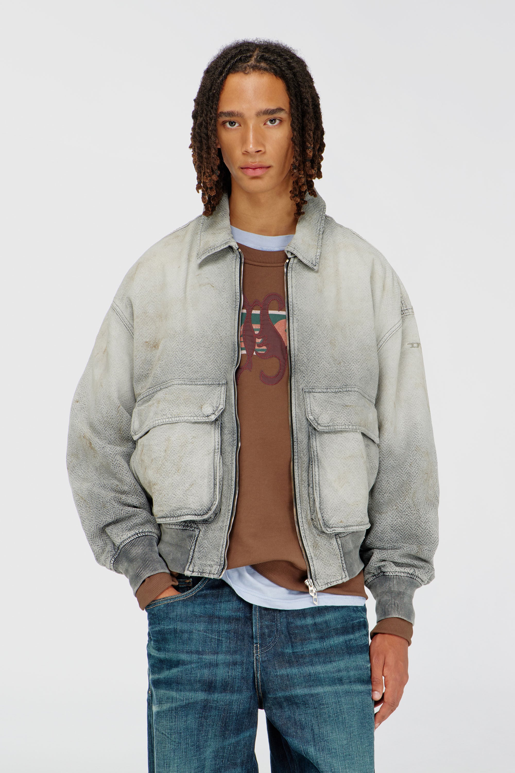 Diesel - D-KURZ, Unisex Jacke aus distressed fischgr&auml;t-denim in Hellgrau - 3