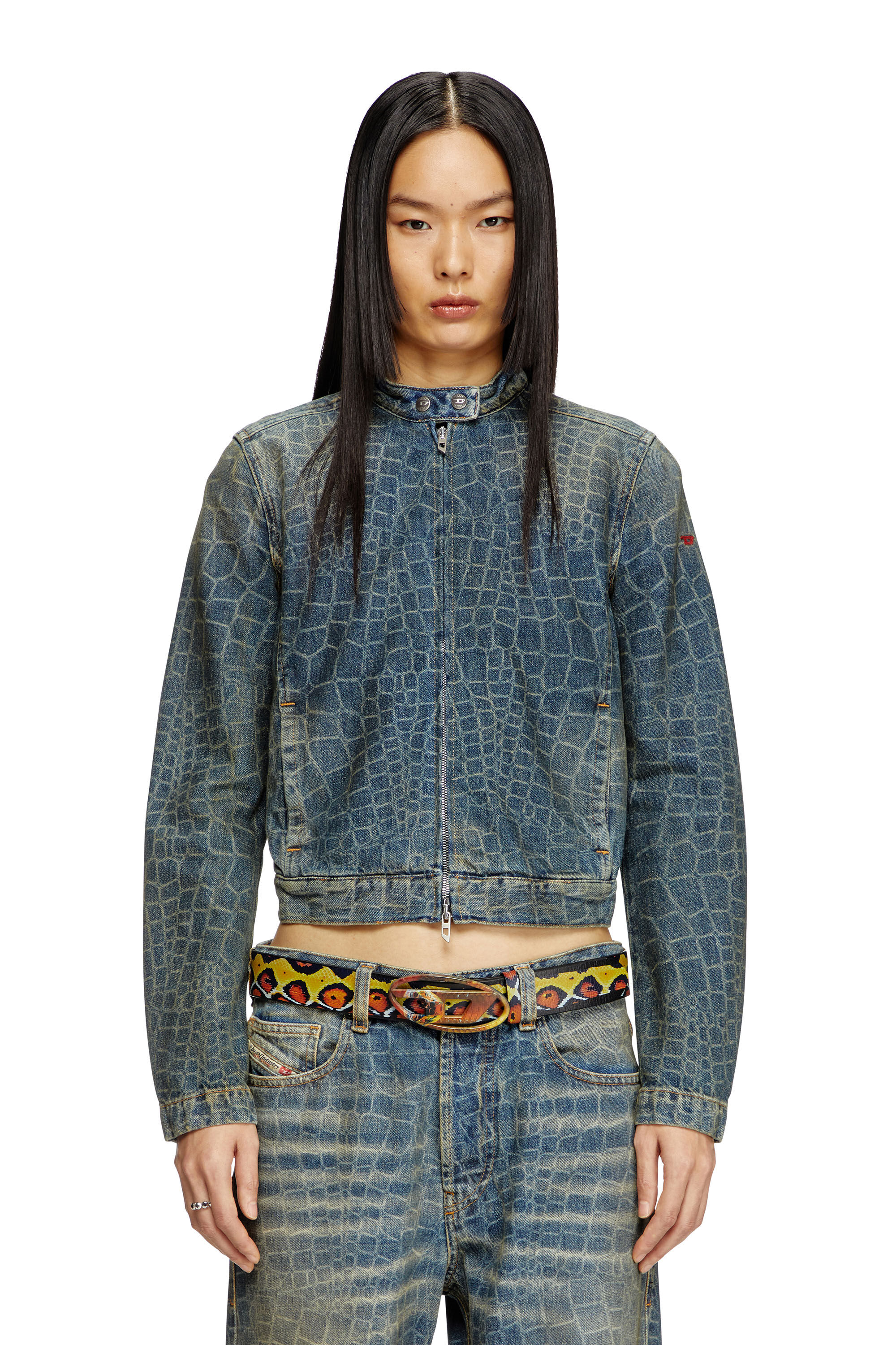 Diesel - CL-DE-MORNIN-SNAKE, Damen Motorradjacke aus Denim mit Schlangen-Print in Dunkelblau - 3