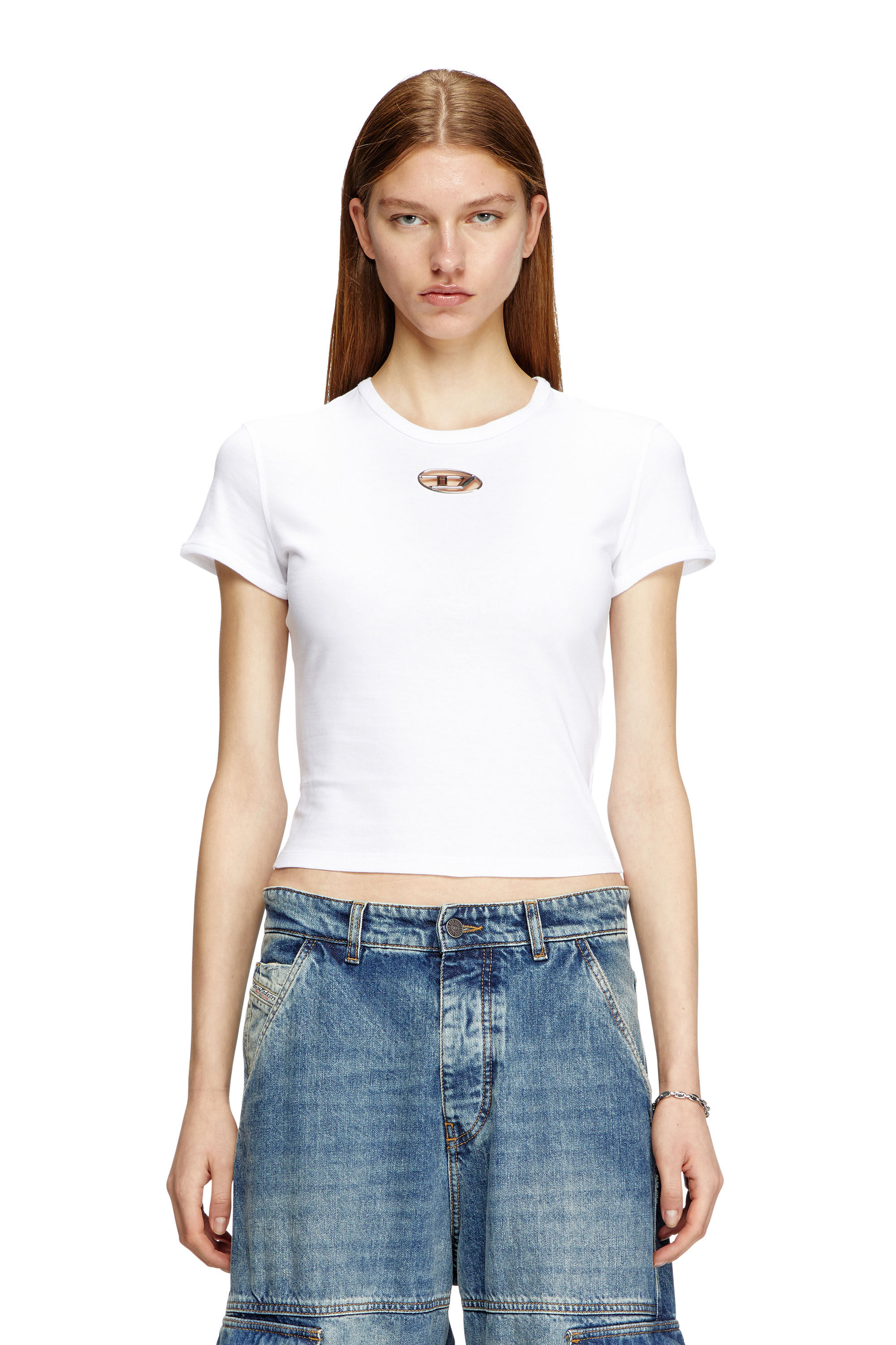 Diesel - T-UNCUTIE-LONG-OD-Q1, Damen T-Shirt in schmalem Fit mit Cut-out-Oval D in Weiß - 3