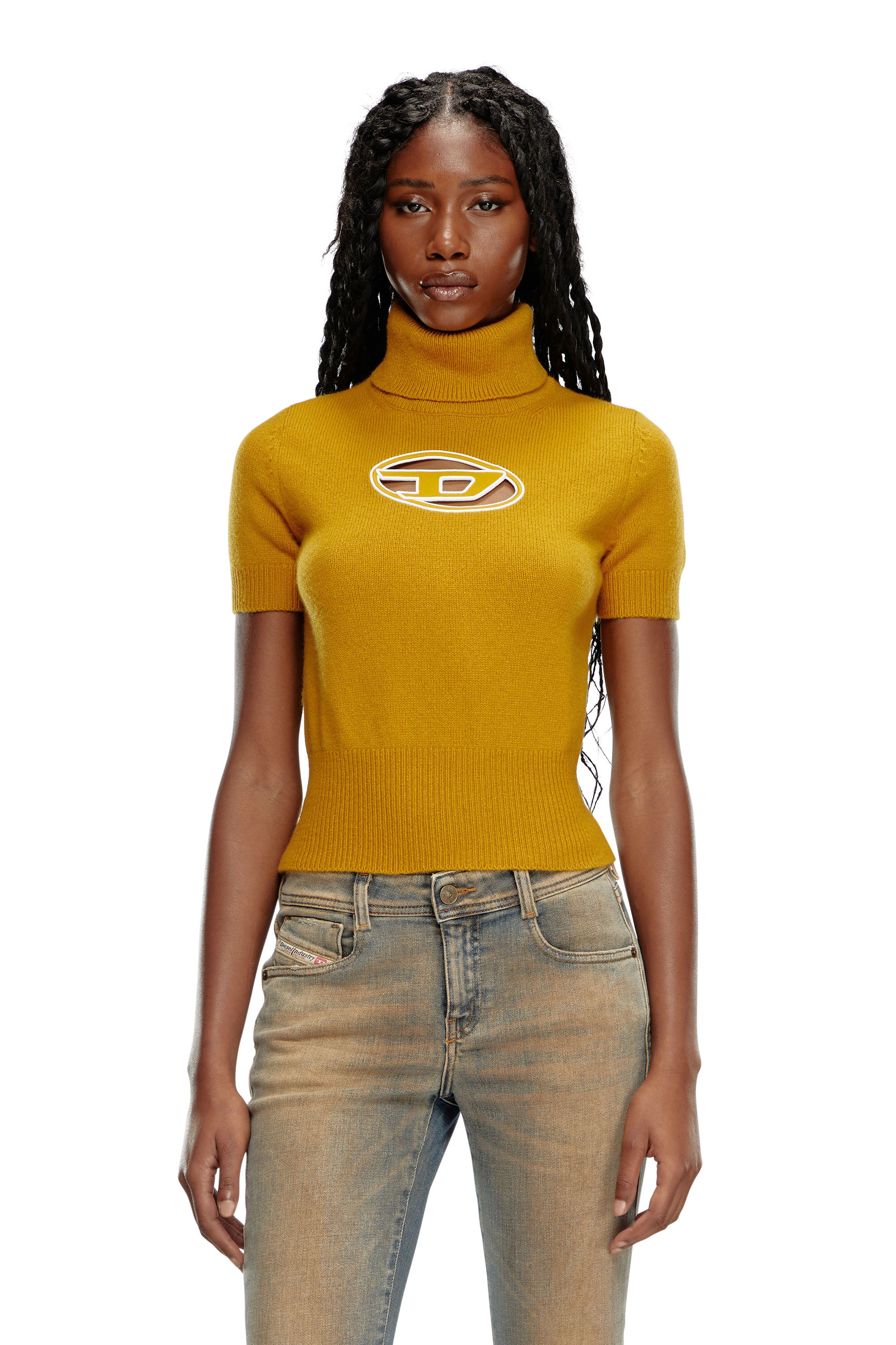 Diesel - M-ARGARET, Woman's Short-sleeve jumper with cut-out logo in Light Brown - 3