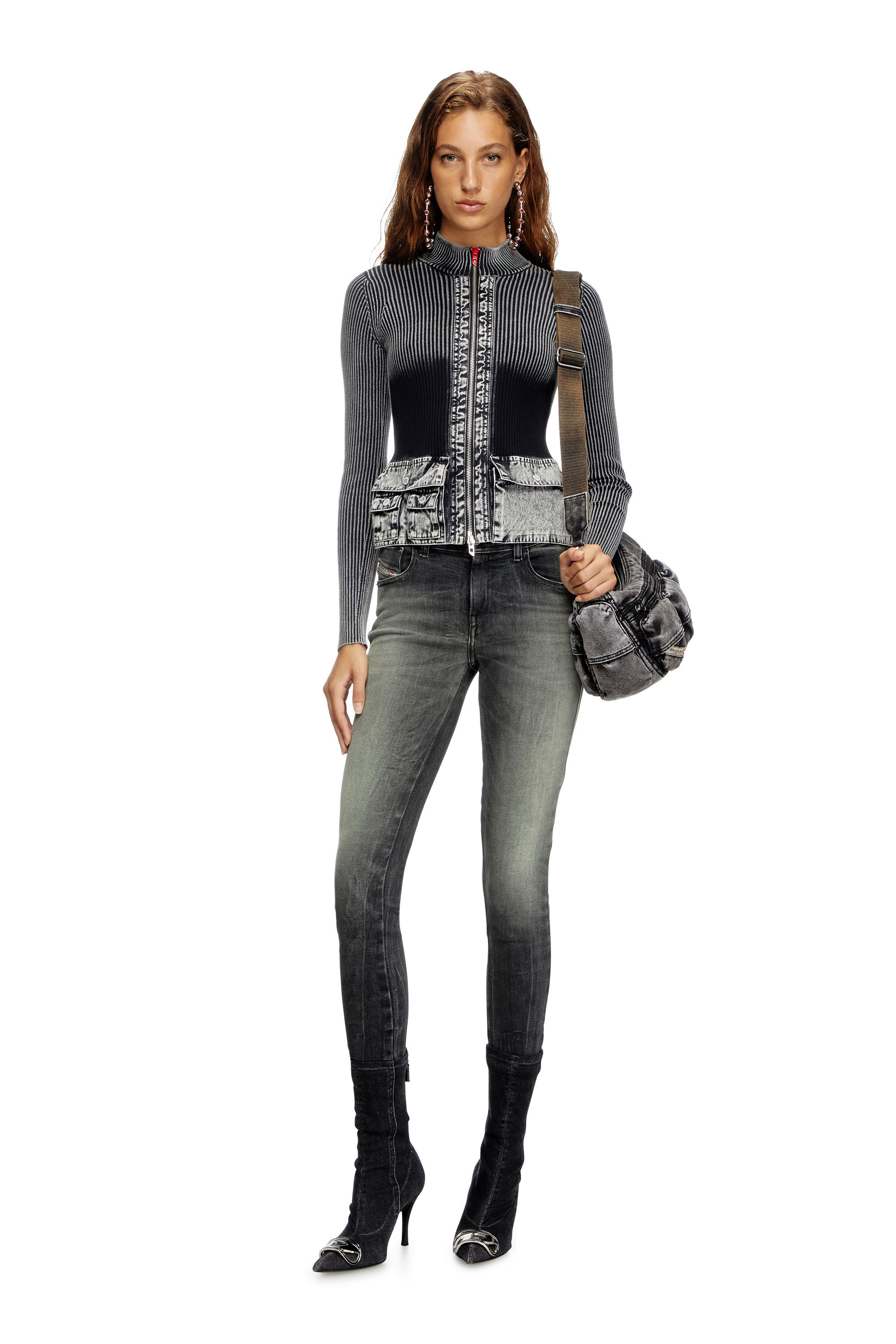Diesel - M-MELISSA, Damen Cardigan mit Reißverschluss und Cargotaschen aus Denim in Dunkelgrau - 1