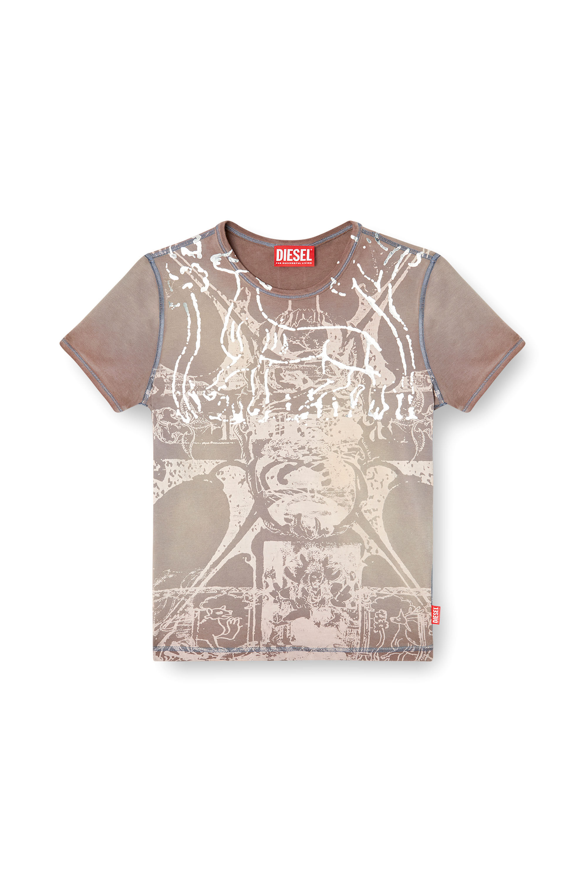 Diesel - T-UNCUTIES-LONG-R6, Damen T-Shirt mit Folien-Print in Hellbraun - 2