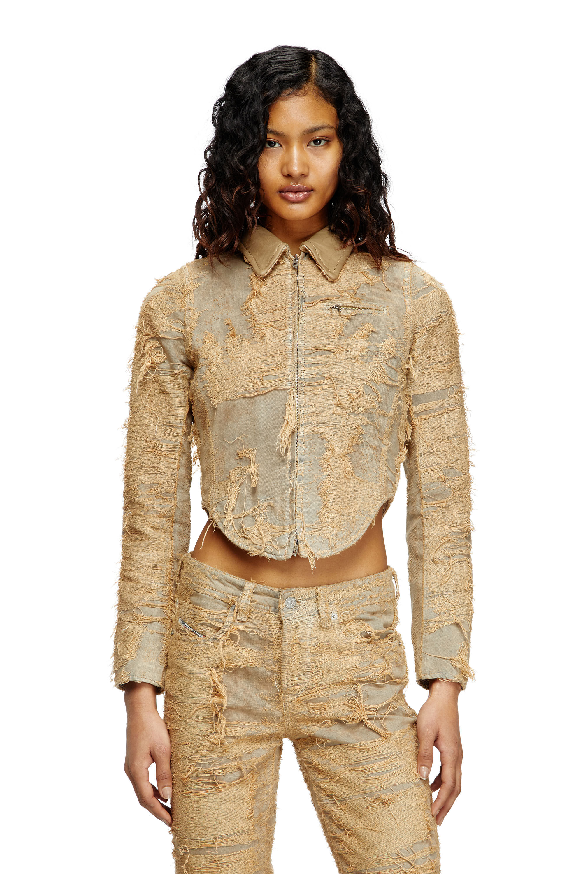 Diesel - DE-NEA-FSG, Damen Schmale Jacke aus überfärbtem Denim mit fließenden Fäden in Hellbraun - 3
