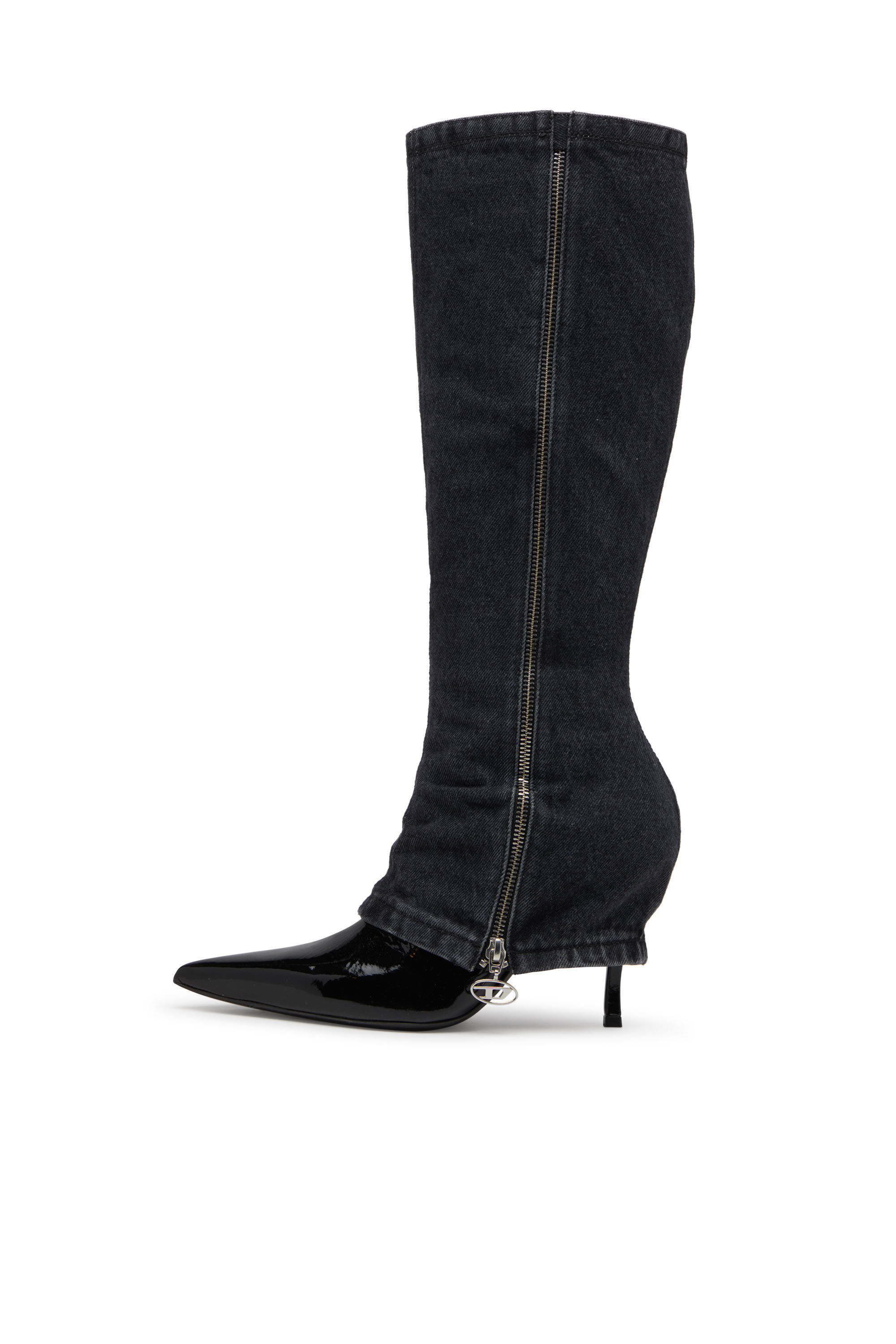 Diesel - D-VENUS TWISTED BOOT, Damen D-Venus-Stiletto-Kniestiefel mit Jeans-Trompe l'œil in Schwarz - 6