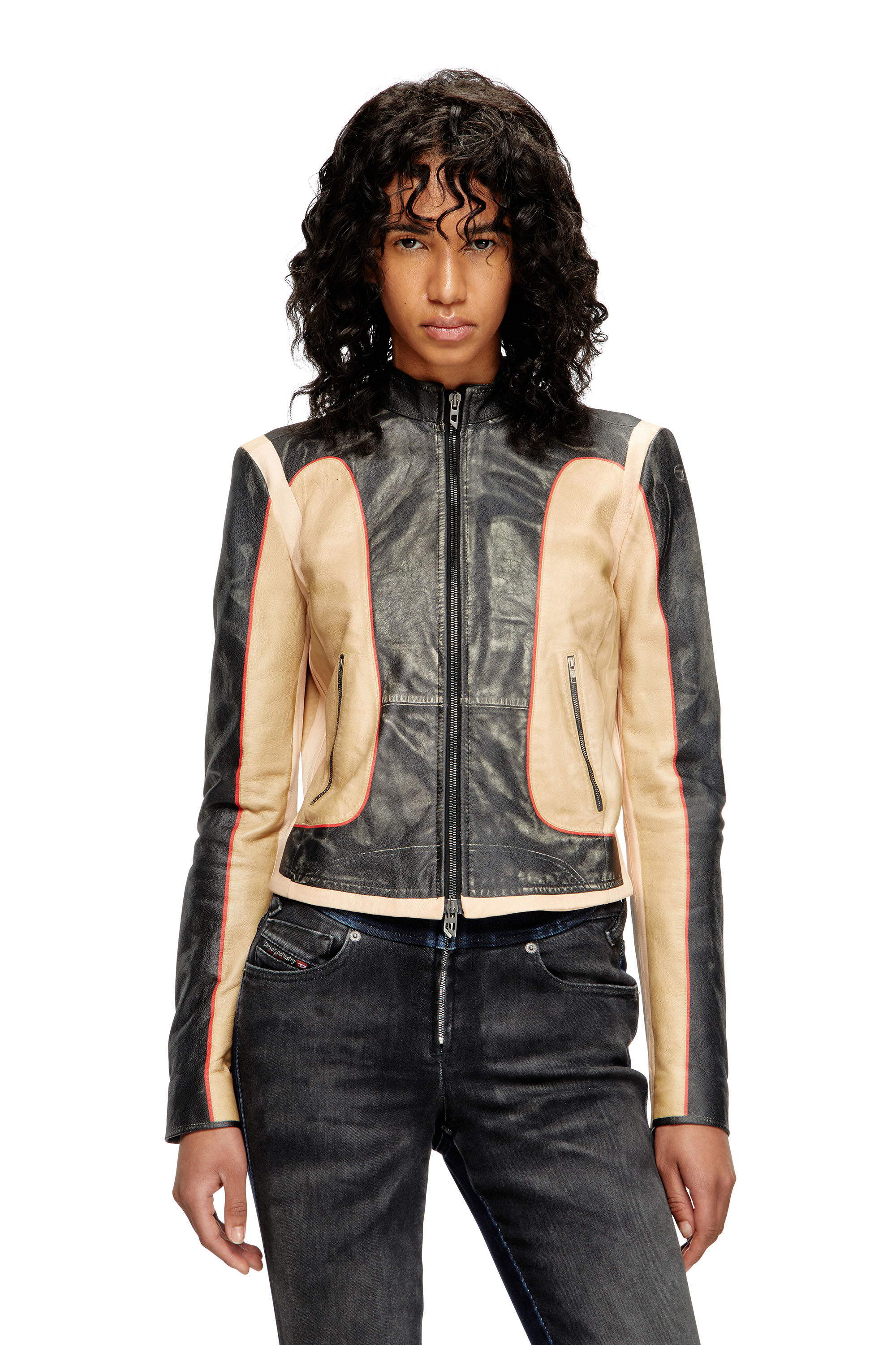 Diesel - L-OONIE, Damen Bikerjacke aus Leder in Trompe l'œil-Optik in null - 3