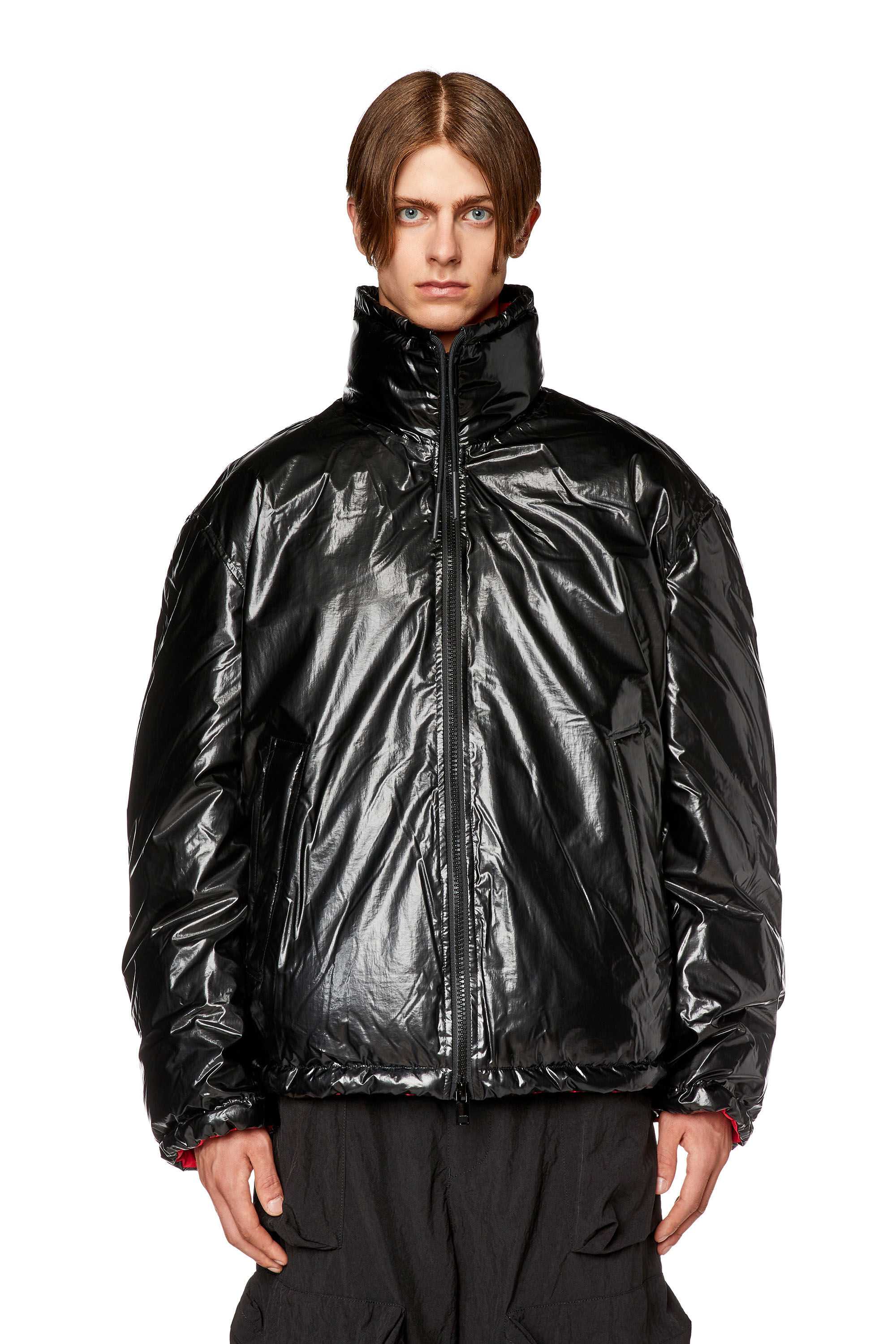Diesel - W-JUPIT, Herren Jacke aus glänzendem Nylon mit Maxi-Logo in Schwarz/Rot - 4