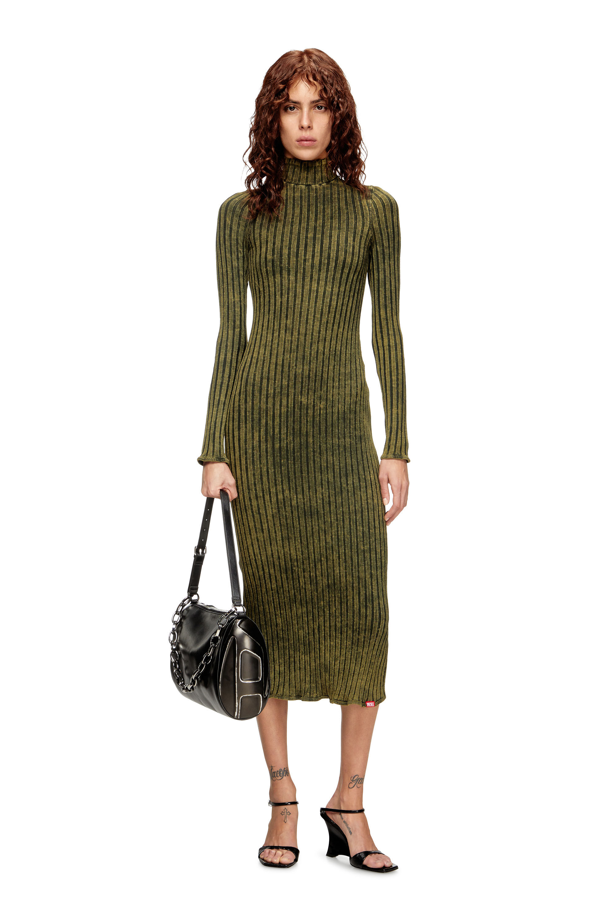 Diesel - D-WAVYA, Damen Midi-Kleid aus behandeltem Jersey mit breitem Rippenstrick in Grün - 1