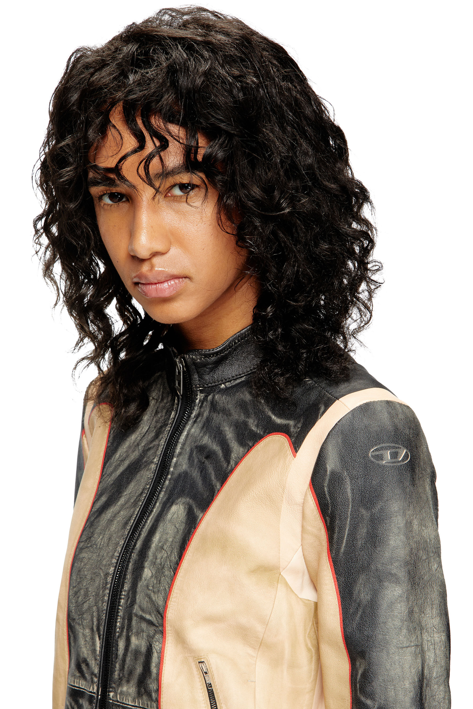 Diesel - L-OONIE, Damen Bikerjacke aus Leder in Trompe l'œil-Optik in null - 5