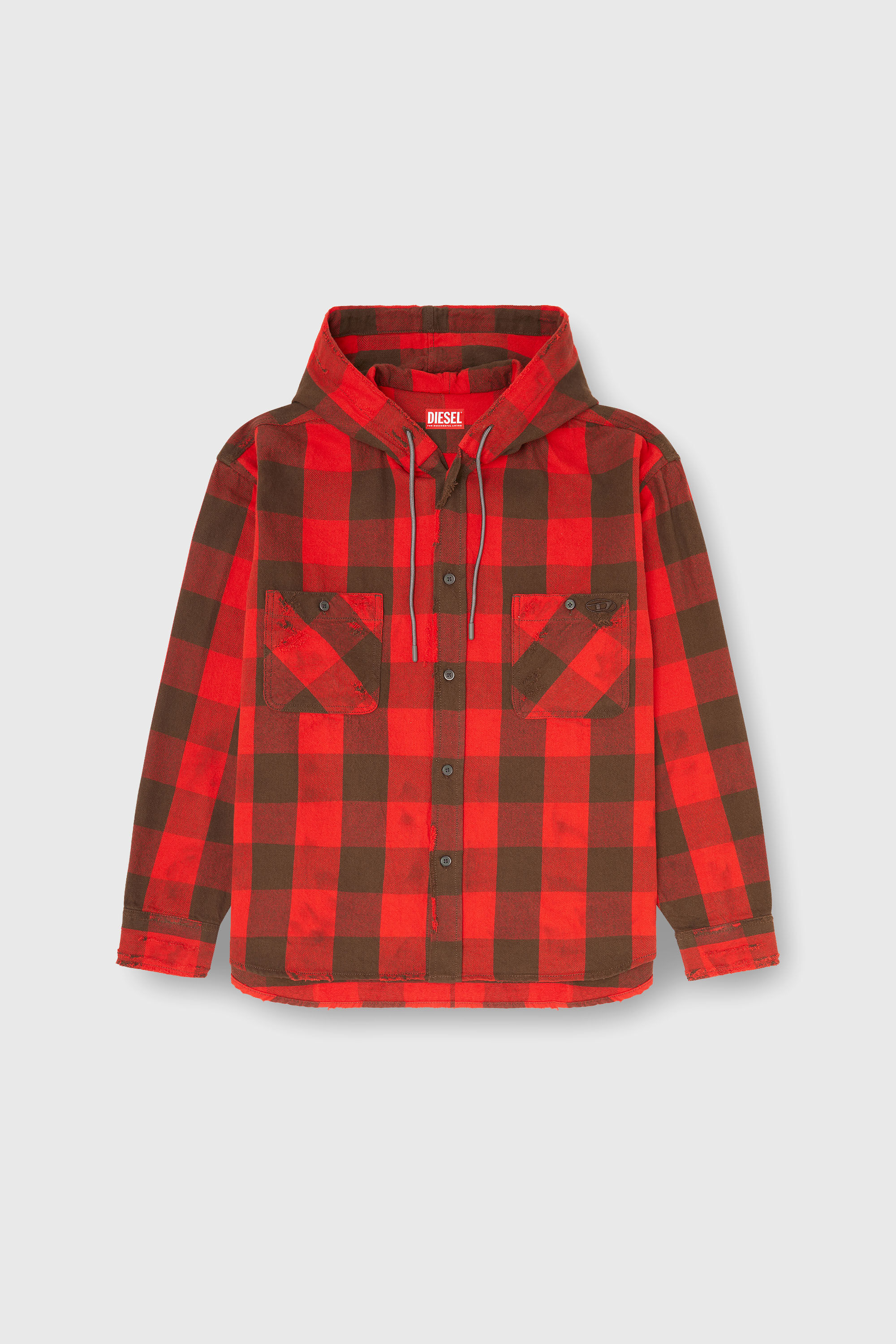Diesel - S-DRUM-HOODY, Herren Kapuzenshirt aus distressed kariertem Flanell in Braun/Rot - 2