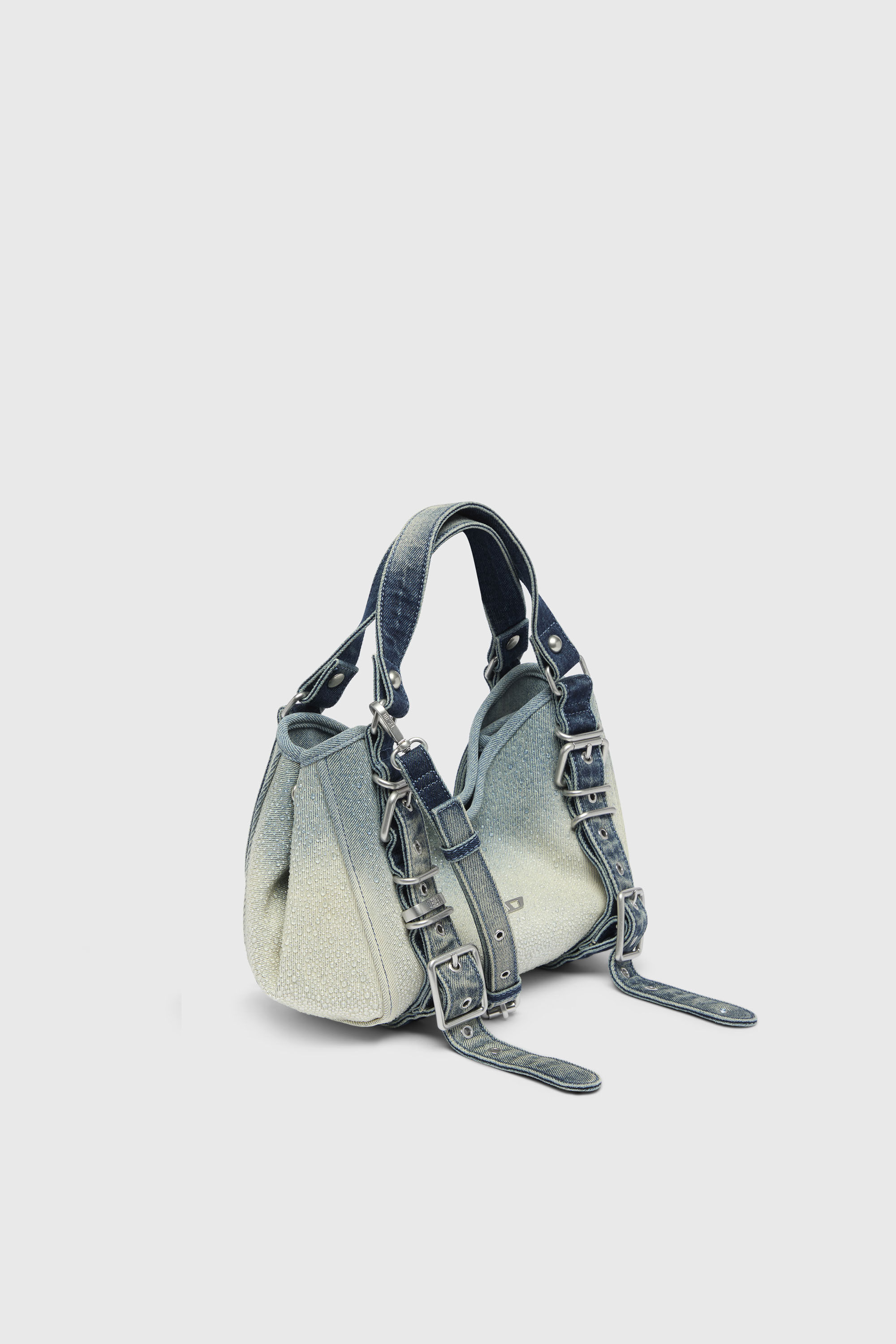 Diesel - D-ONE TOPHANDLE S, Damen D-One-Small Henkeltasche aus solarisiertem Denim mit Kristallen in Blau - 5