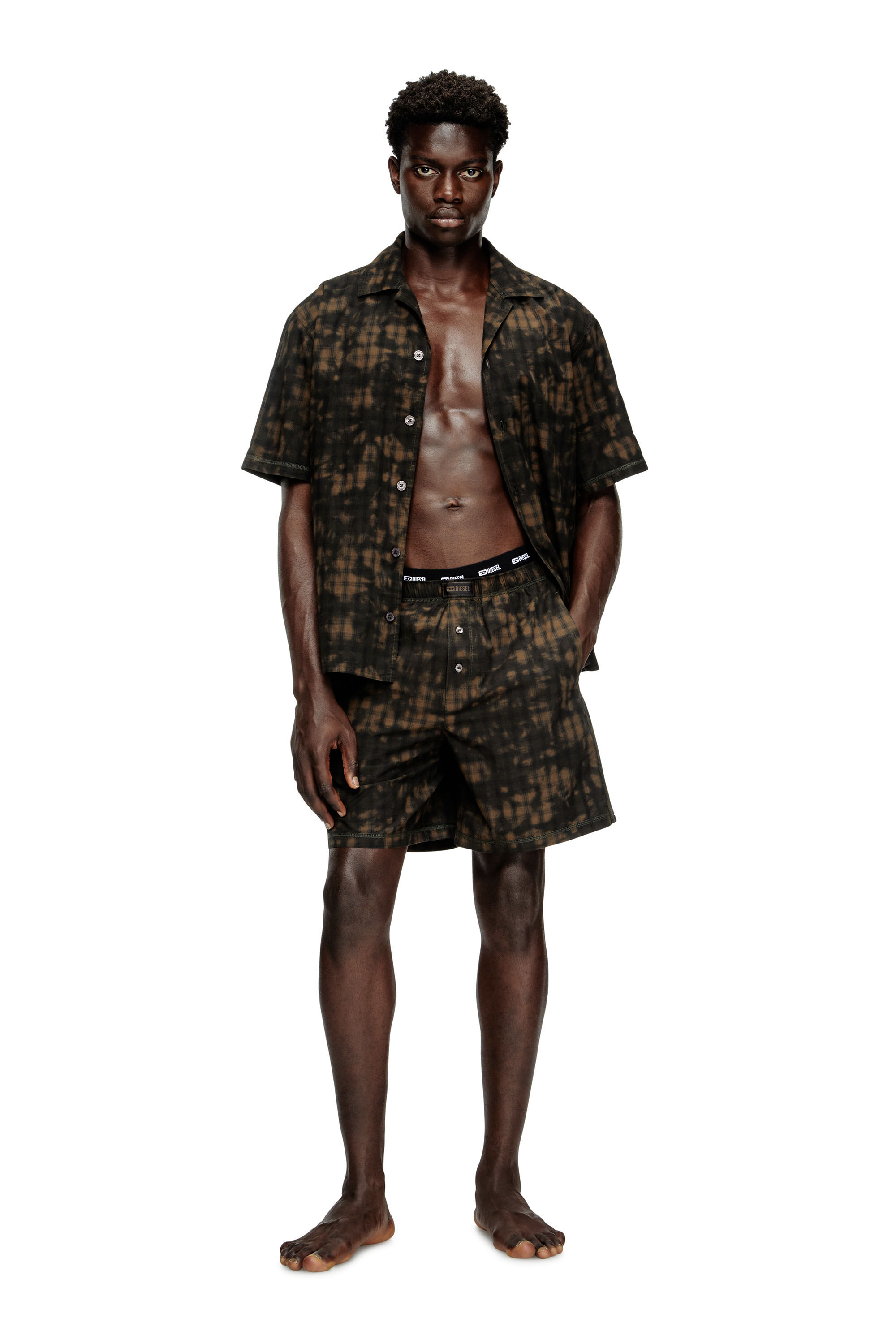 Diesel - SET-HORIEN-UTLT, Herren Kurze Pyjamas aus Karo-Baumwolle mit Wolken-Print in Olivgrün - 1