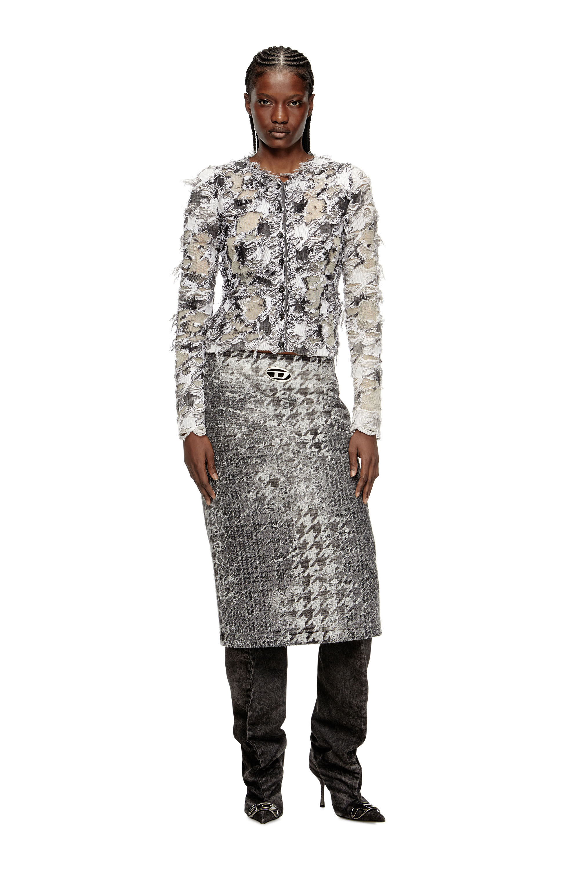 Diesel - M-SIBYLLA, Damen Strickjacke aus Dévoré-Hahnentritt-Jacquard in Grau/Weiss - 1