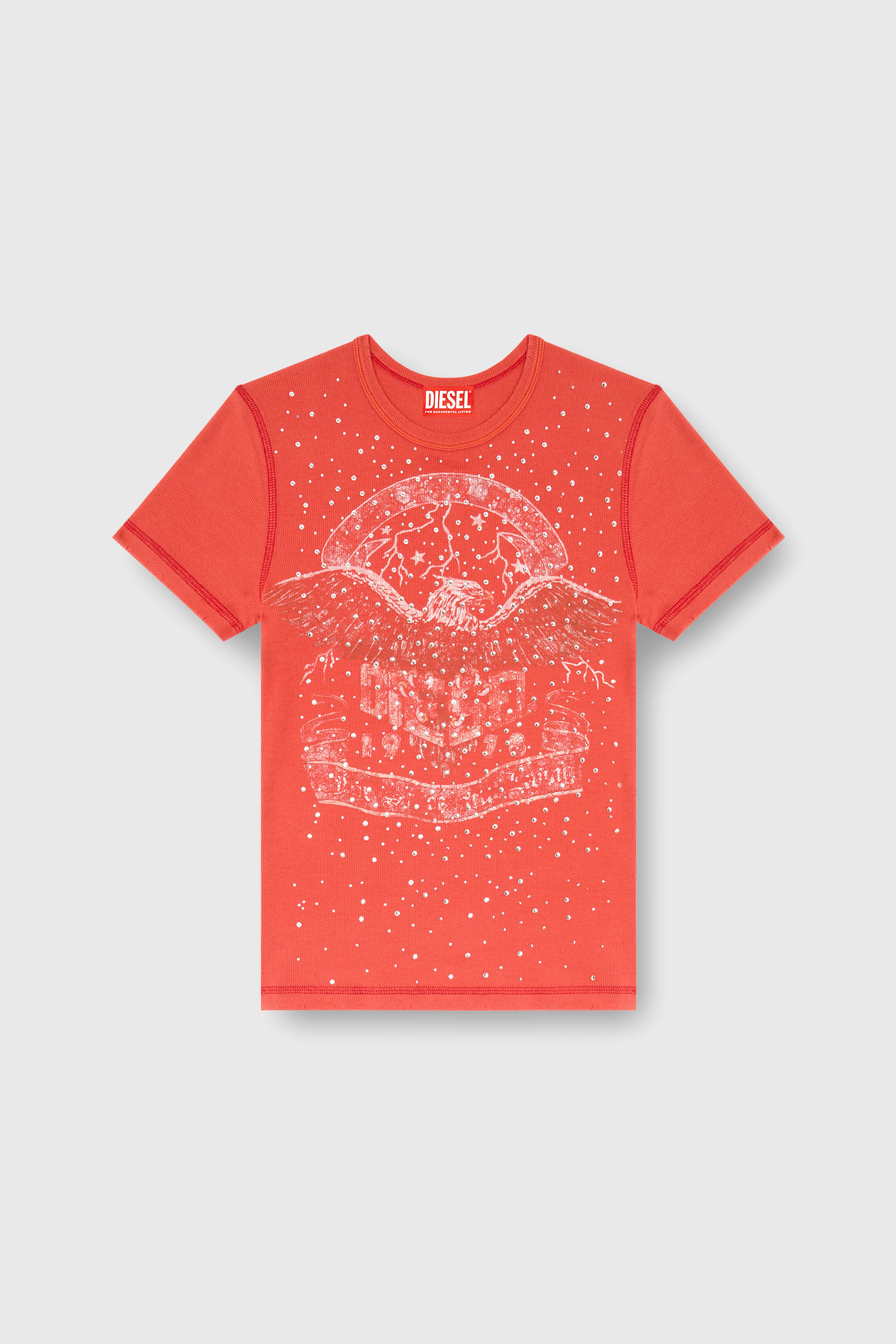 Diesel - T-MARSY-RIB-CRY, Damen T-Shirt mit Konzertgrafik und Kristallen in Rot - 2