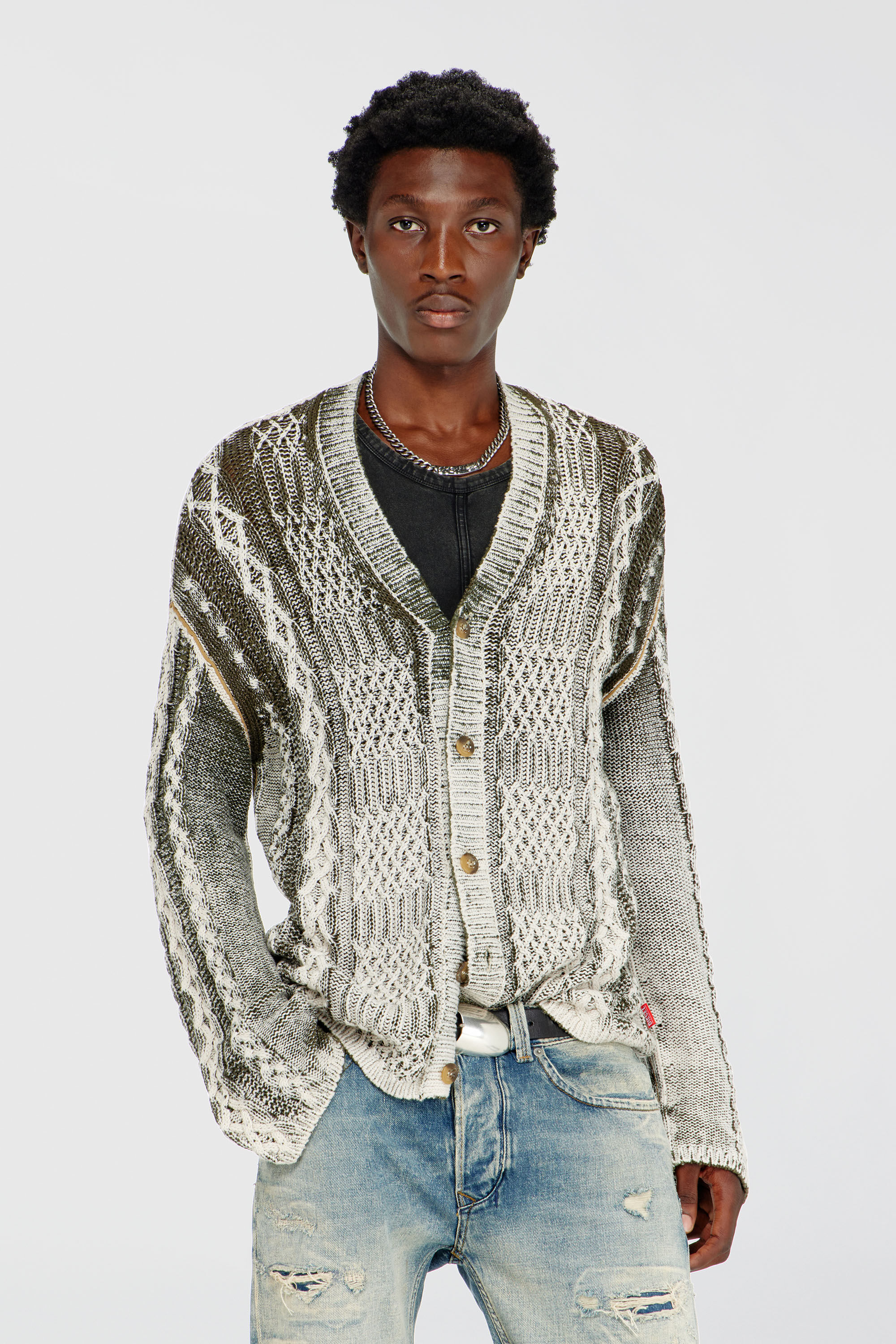 Diesel - K-MIOTO, Herren Behandelter Cardigan aus Zopfmusterstrick in Weiss/Grau - 3