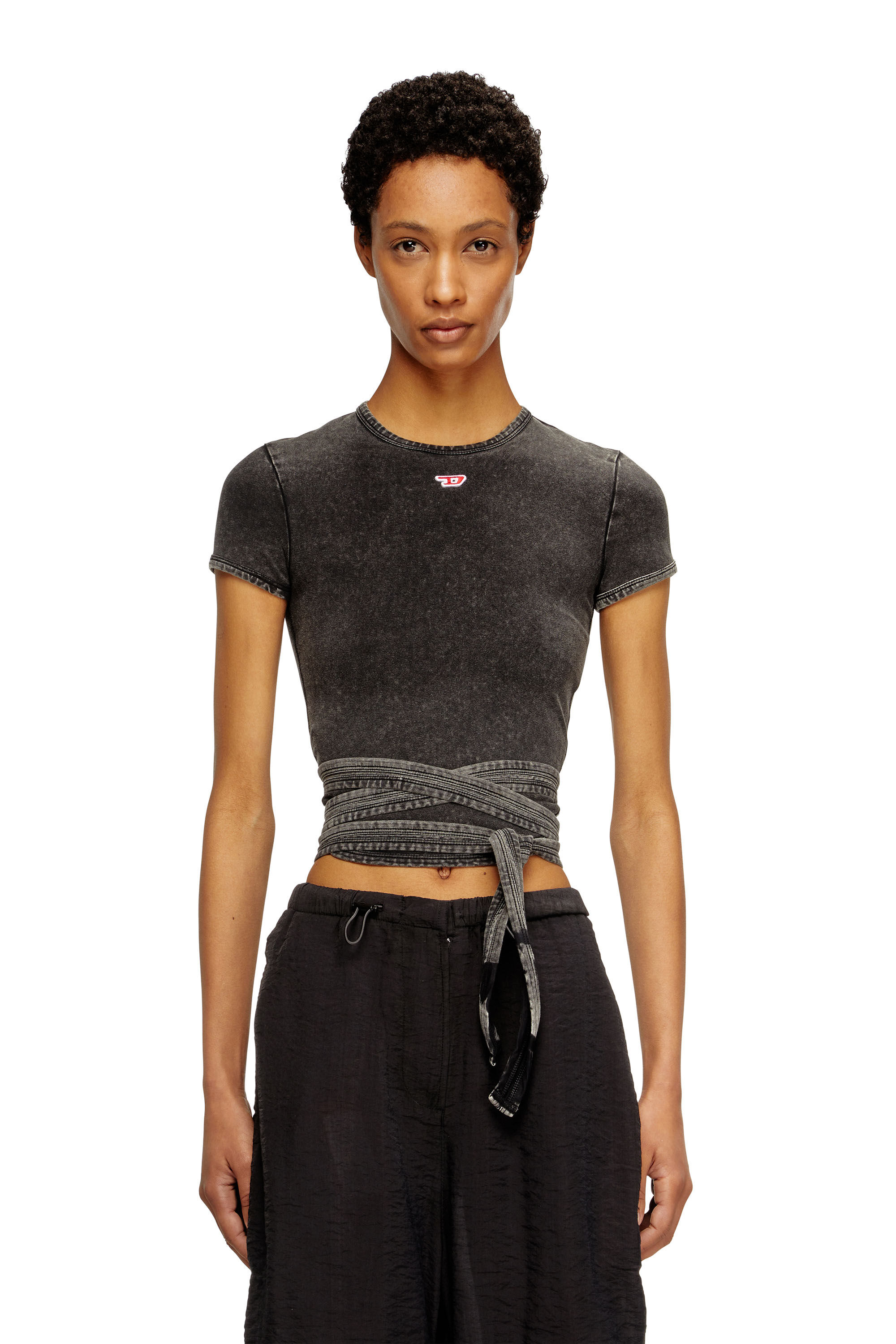 Diesel - T-BUNNY-TAIL-R1, Damen T-Shirt in Denim-Optik mit Wickelbändern in Schwarz - 3