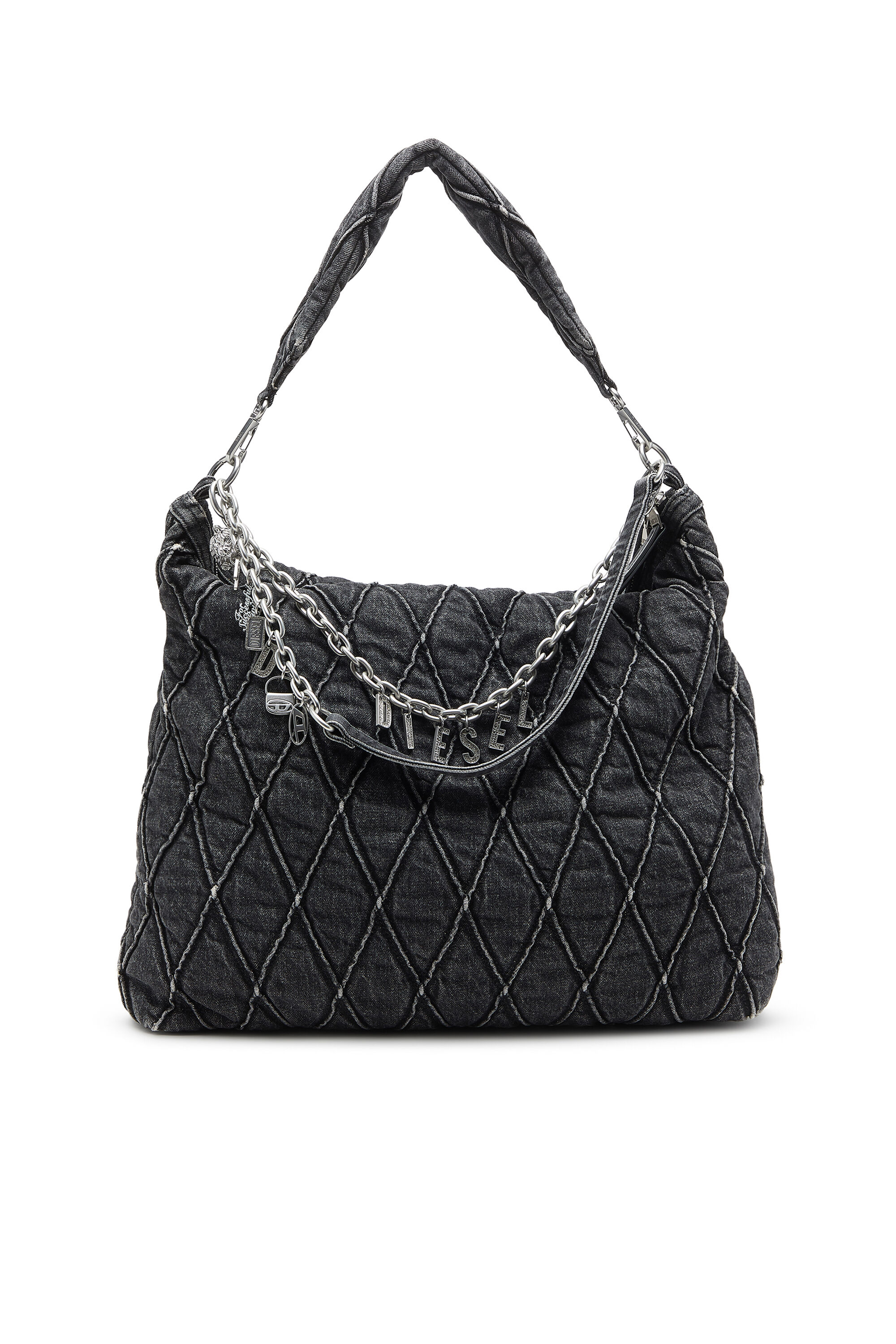 Diesel - HOSHI CHARM-D HOBO, Damen Gesteppte Hobo-Tasche aus Denim mit Kettenanhängern in Schwarz - 1