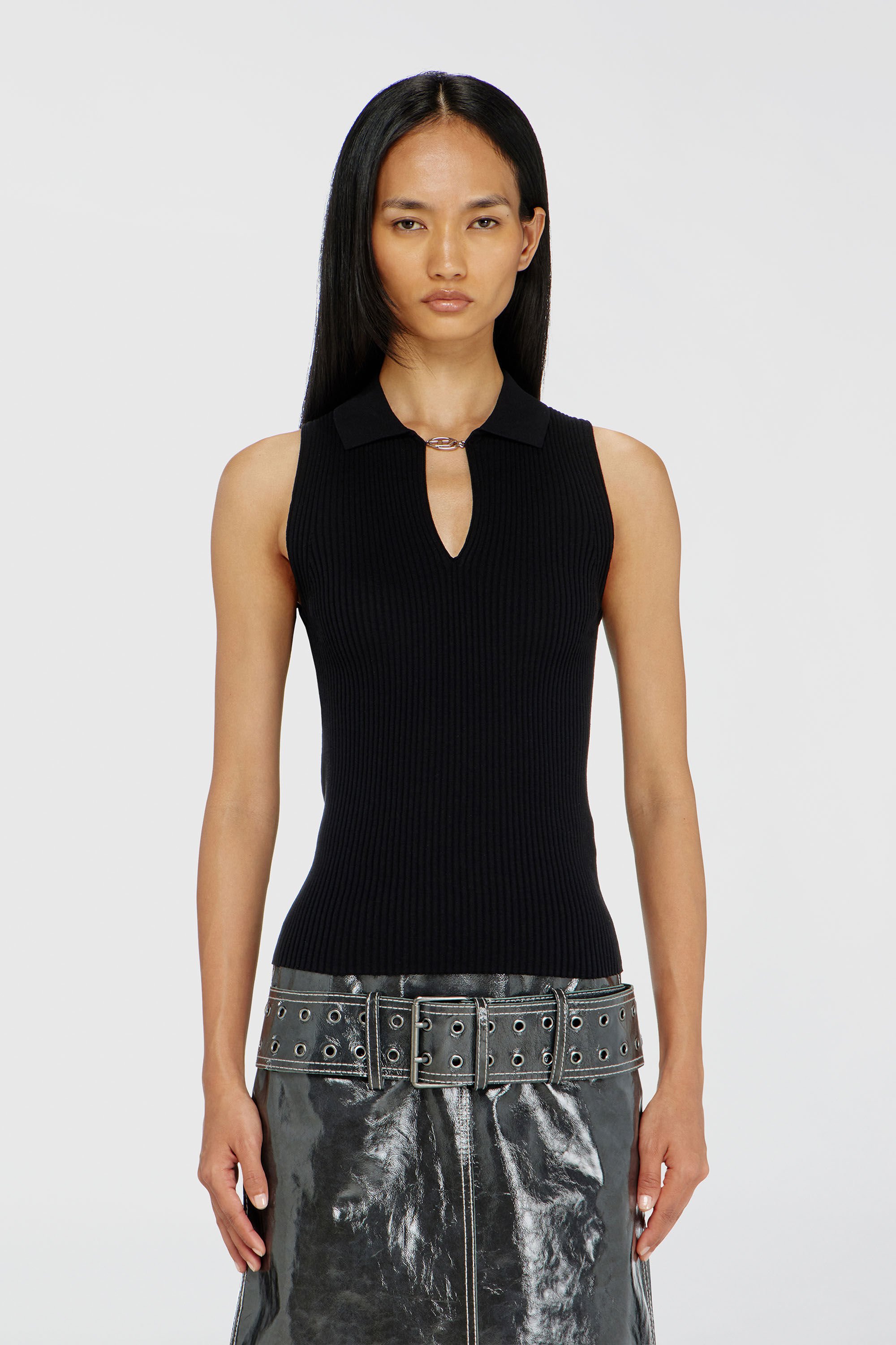 Diesel - M-LILITA, Woman's Sleeveless rib-knit polo top in silk blend in Black - 5