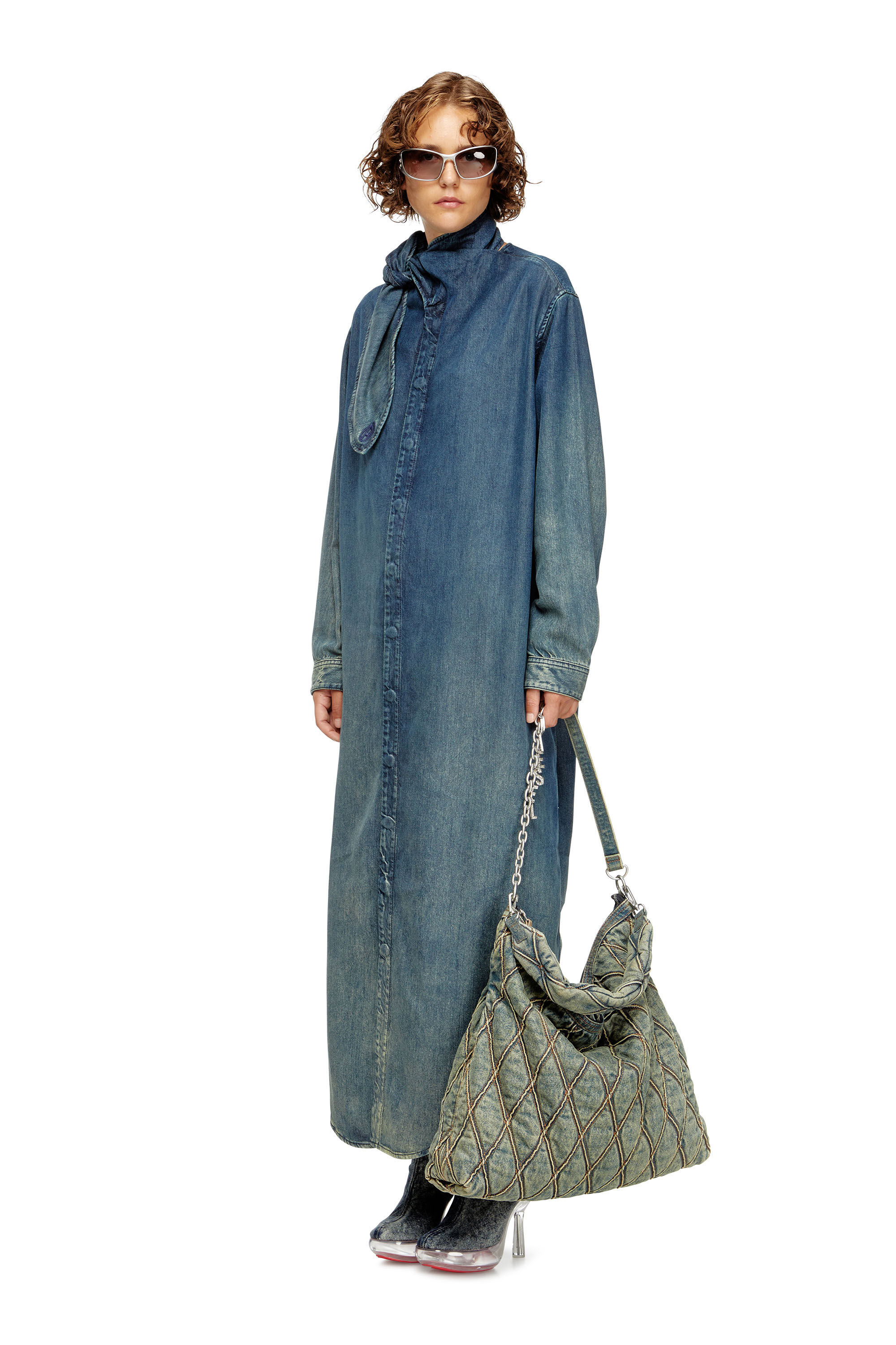 Diesel - DE-BARBARA-S, Damen Langes Shirtkleid aus fließendem Denim in Dunkelblau - 1