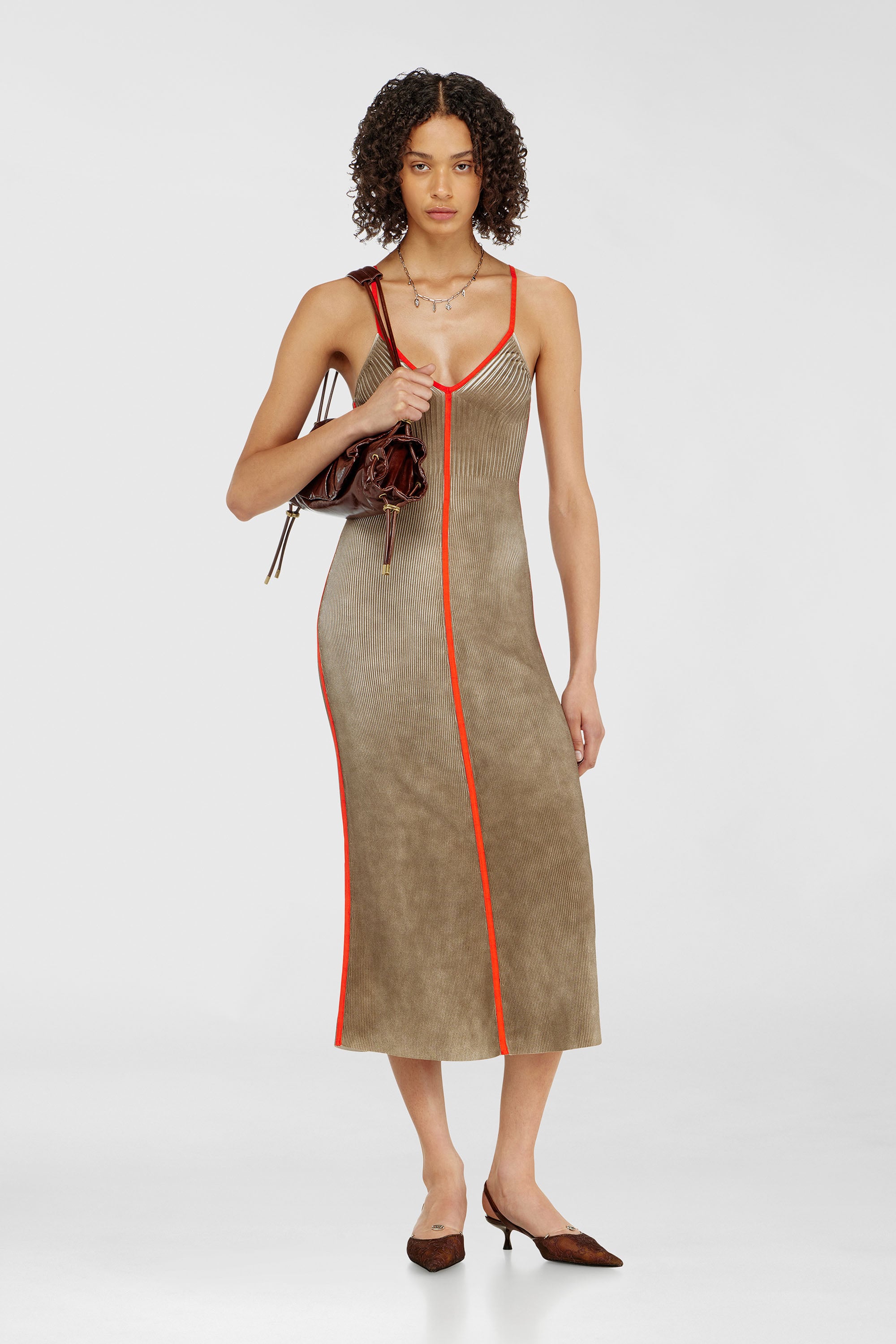 Diesel - M-SARMELA, Damen Rippenstrick-Midikleid mit kontrastierenden B&auml;ndern in Rot/Braun - 2