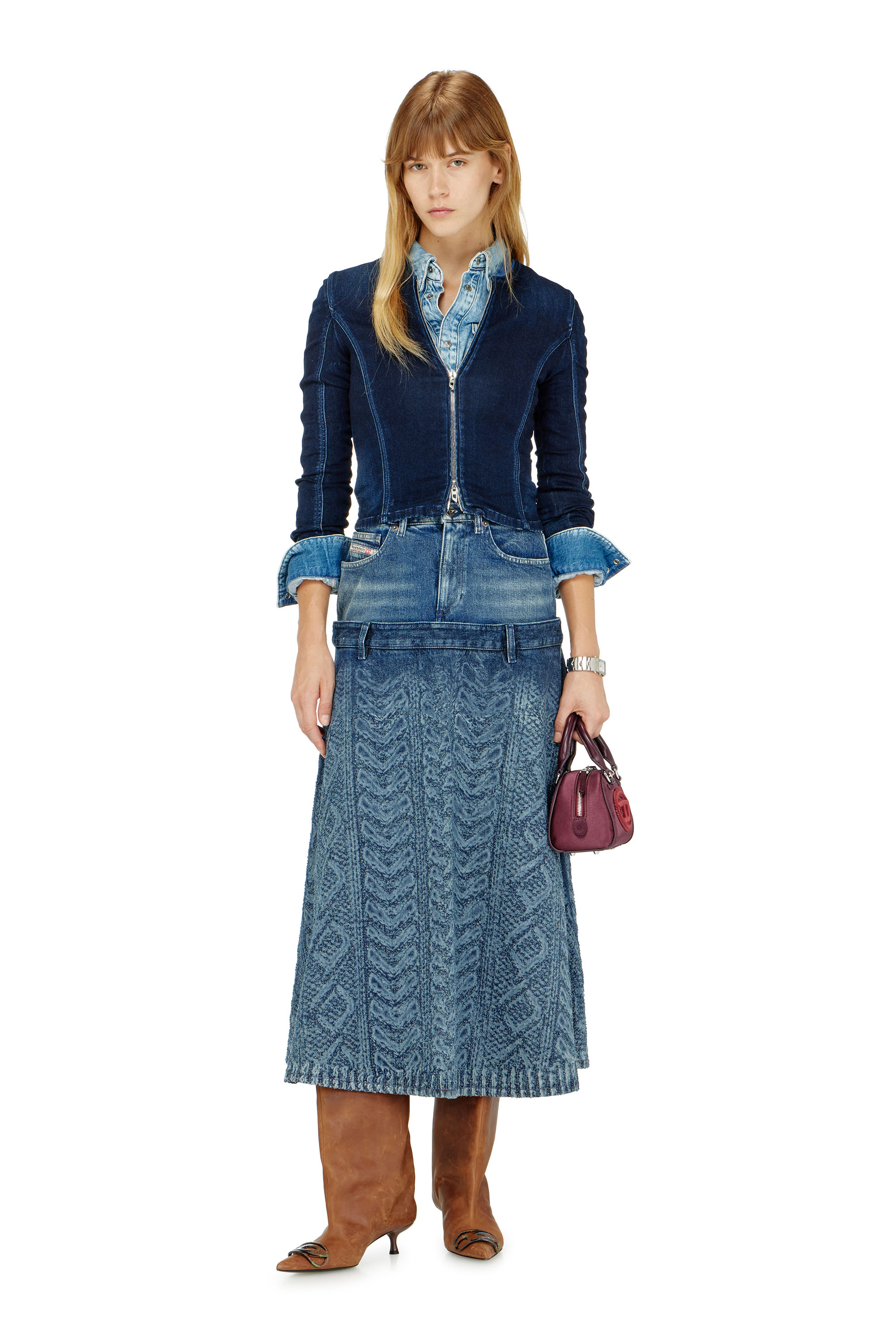 Diesel - DE-VORYA-S1, Damen Midi-Rock aus Denim mit Zopfmuster-Effekt in Dunkelblau - 1