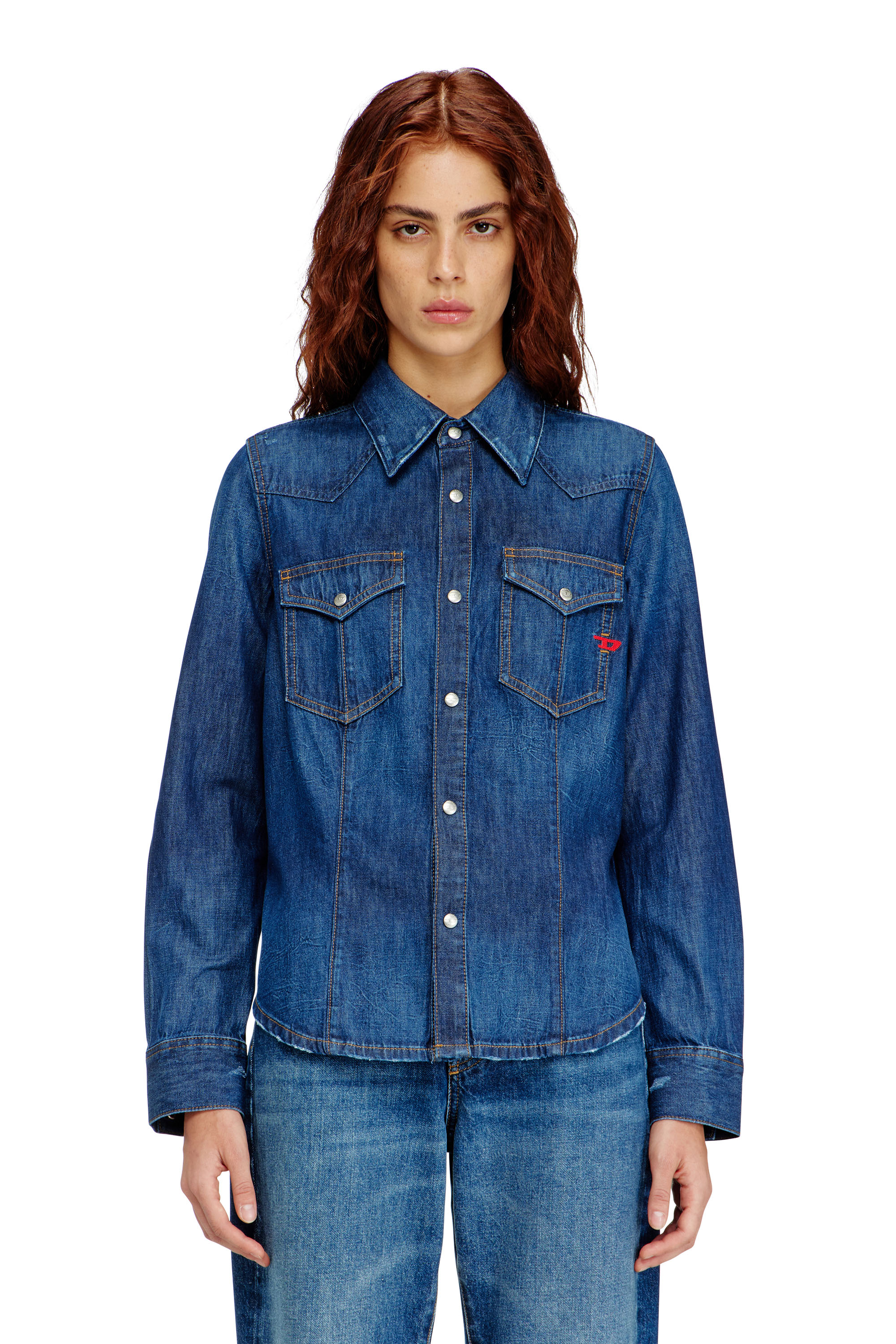 Diesel - DE-WAVES, Damen Westernhemd aus Clean-Wash-Denim in Mittelblau - 1