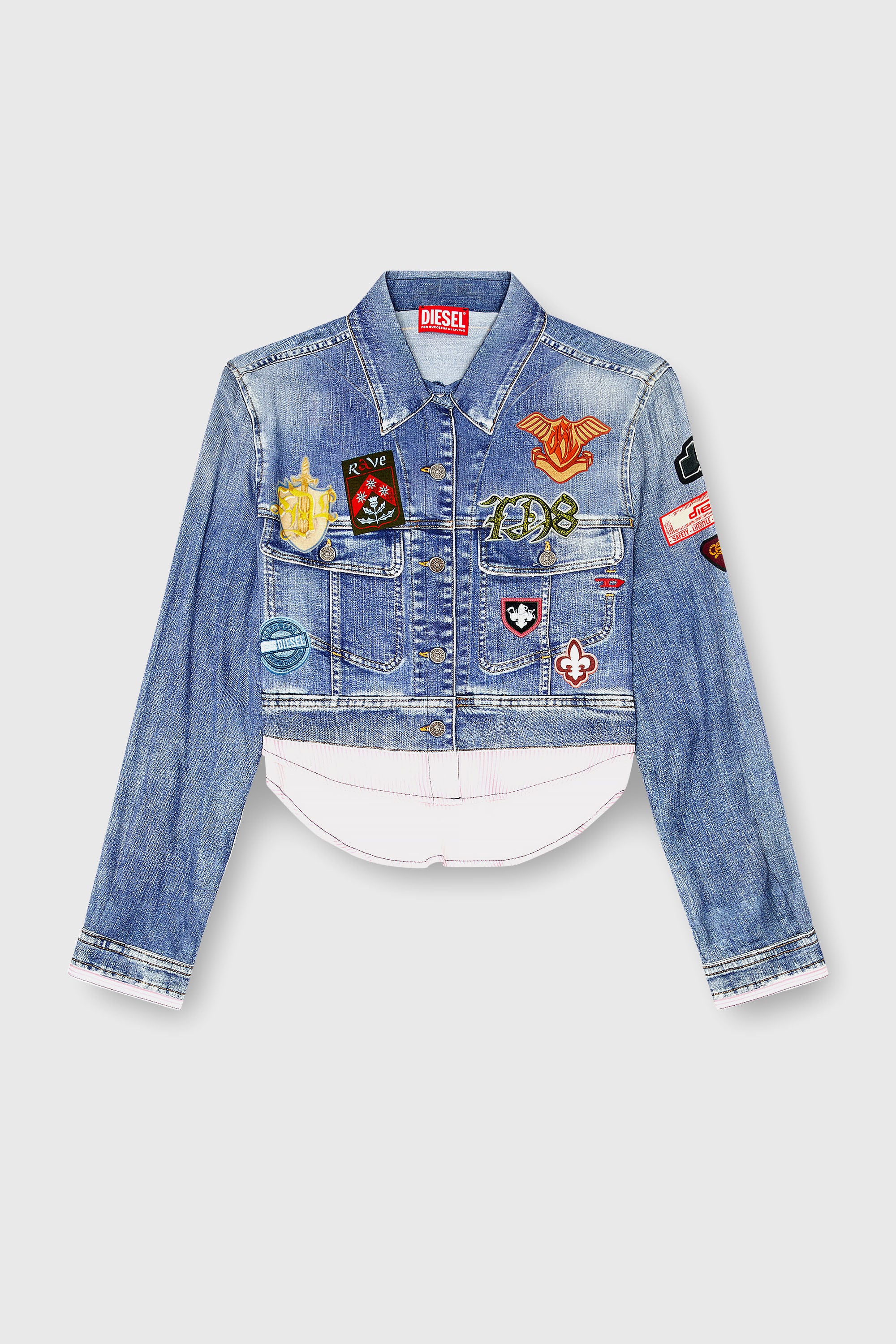 Diesel - C-LONE, Damen Cropped-Satinhemd mit trompe-l&rsquo;oeil-Denim-Print in Mittelblau - 2