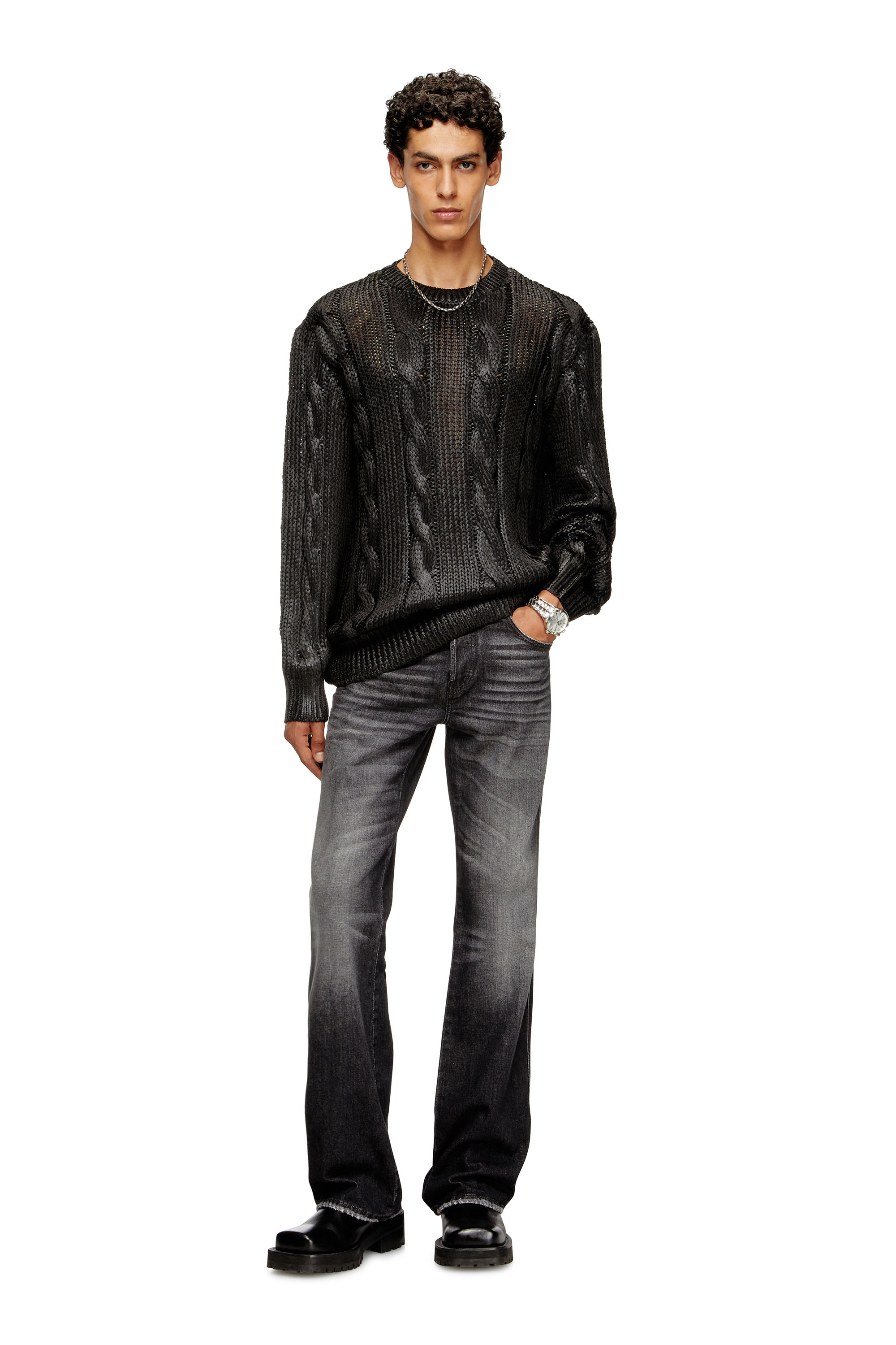 Diesel - K-MICHIU, Herren Pullover mit Zopf-Muster und Glanzeffekt in Schwarz - 2