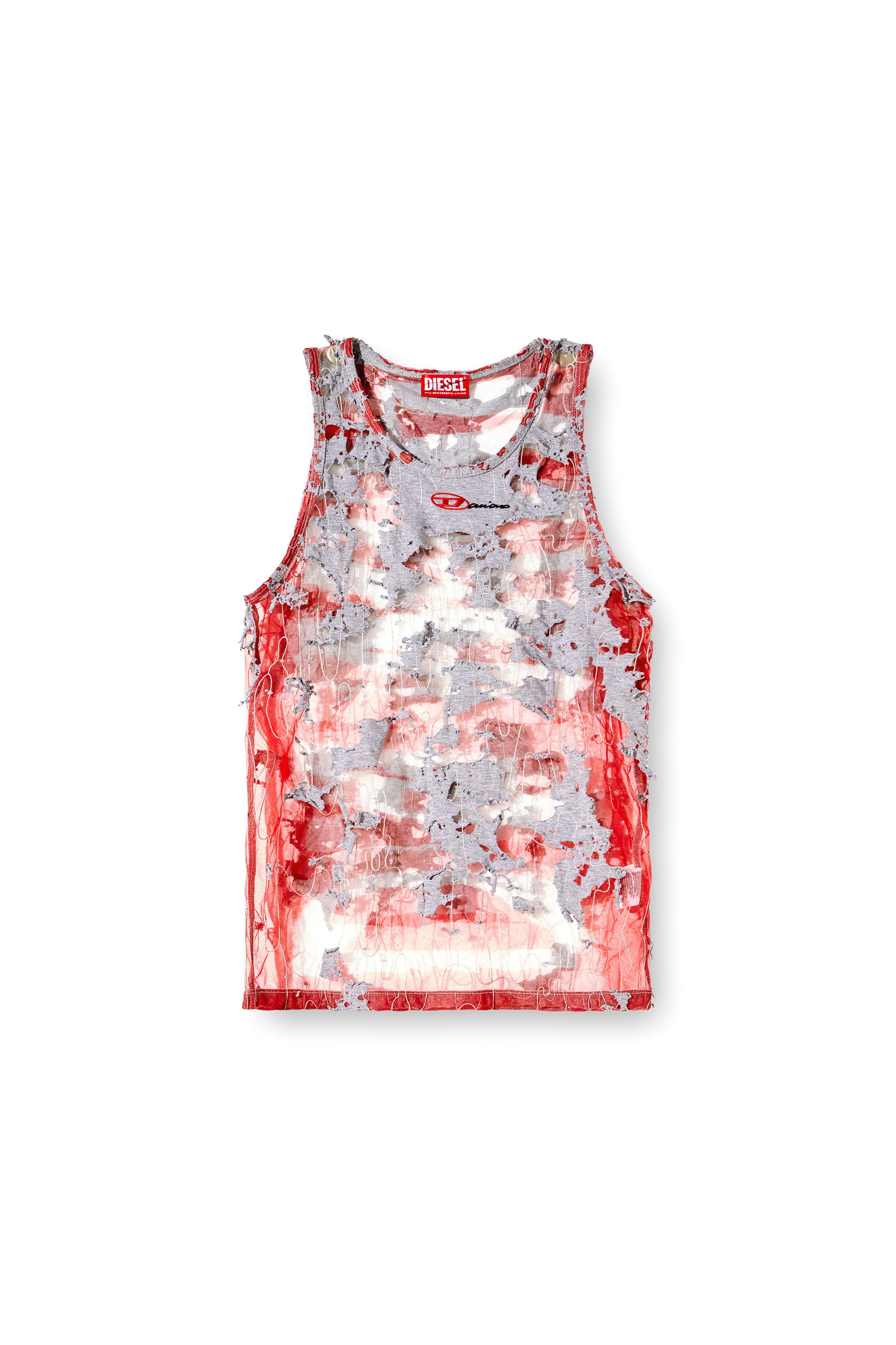 Diesel - T-LIFTY-DEVOR-DD, Unisex Destroyed-Tanktop aus Devoré-Jersey in Rot/Grau - 3