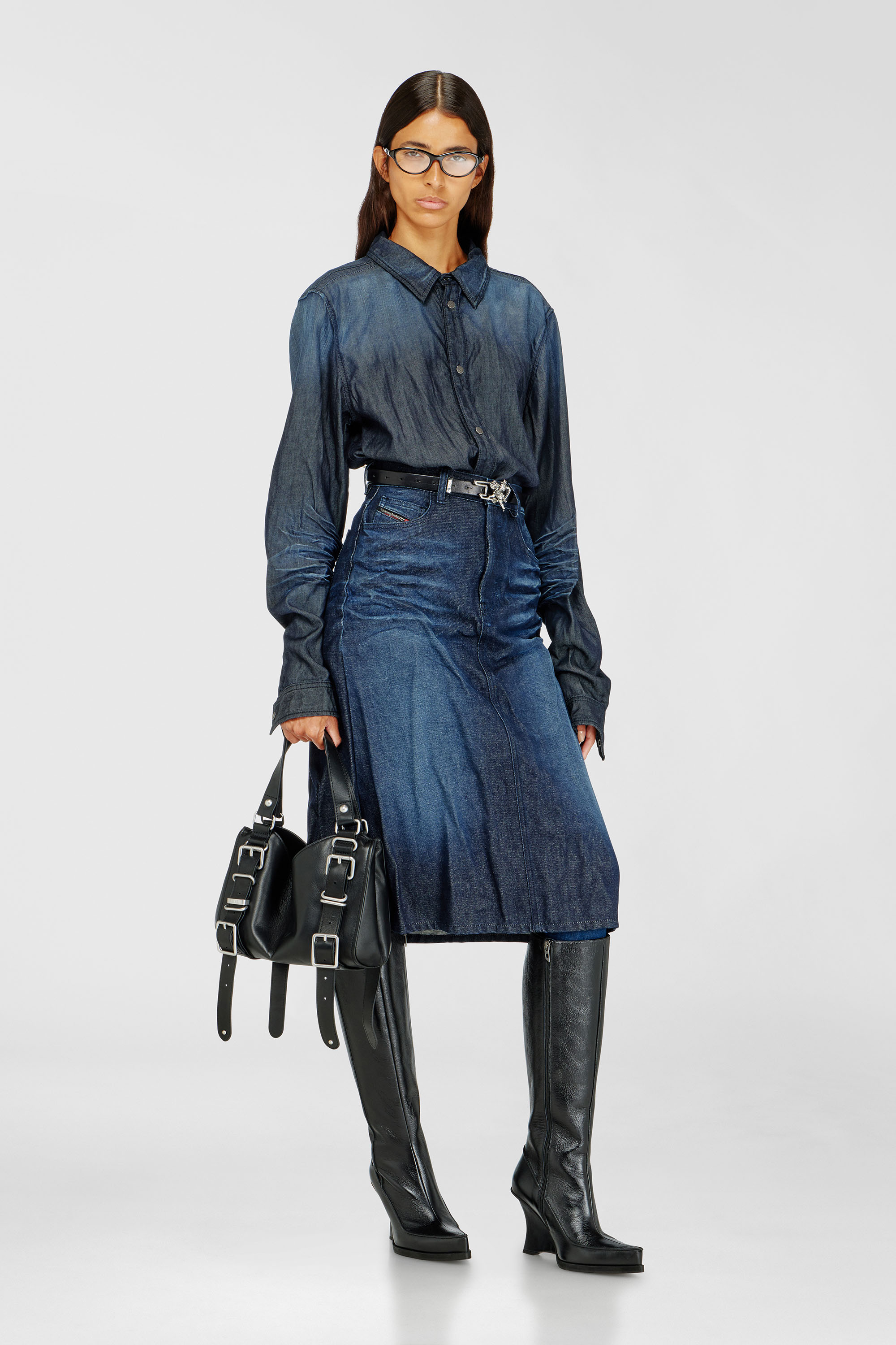 Diesel - DE-IRTI-FSJ, Woman's Midi skirt in creased denim in Dark Blue - 1
