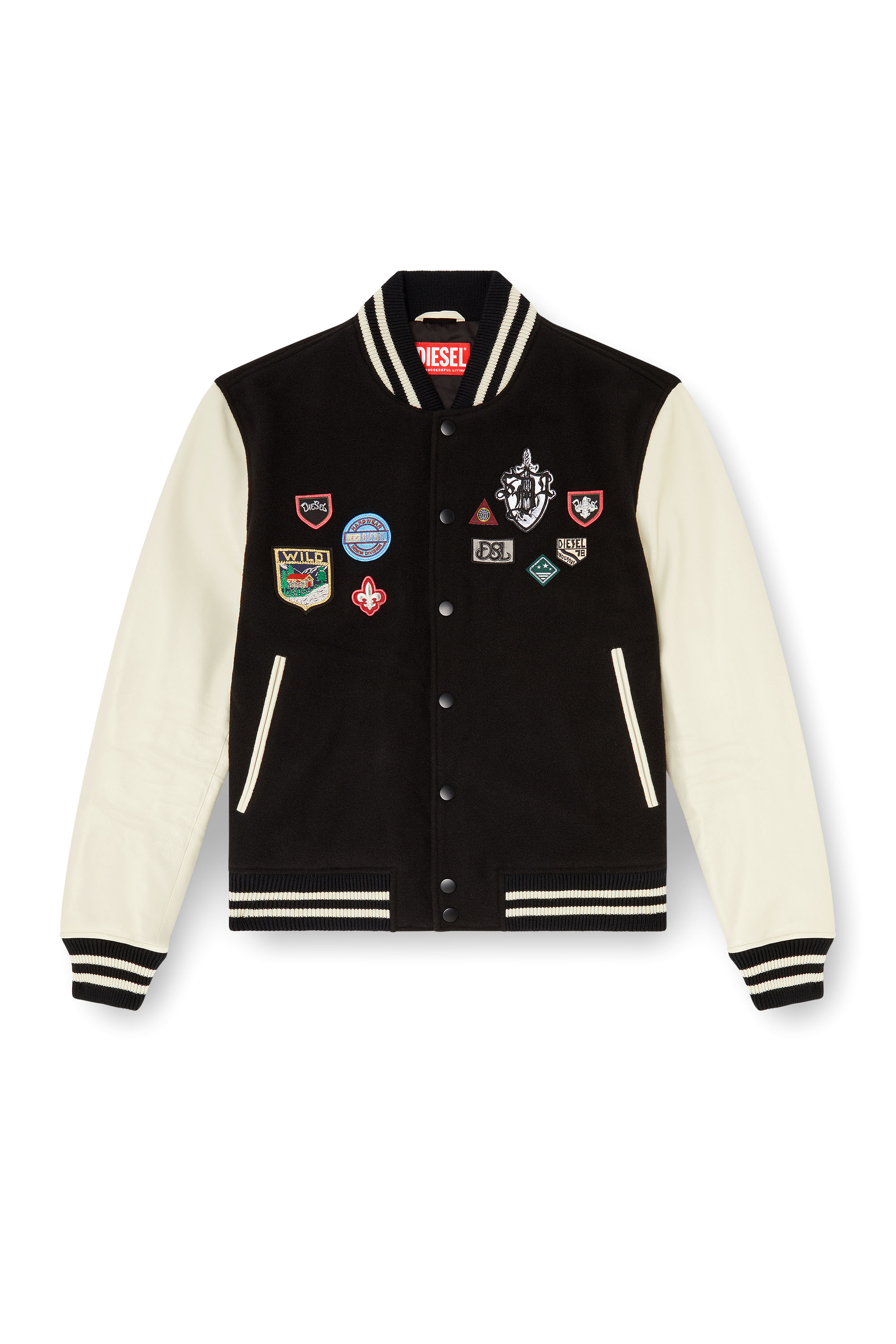 Diesel - L-ARRY-PATCH, Man's Wool and leather bomber jacket with patches in White/Black - 3